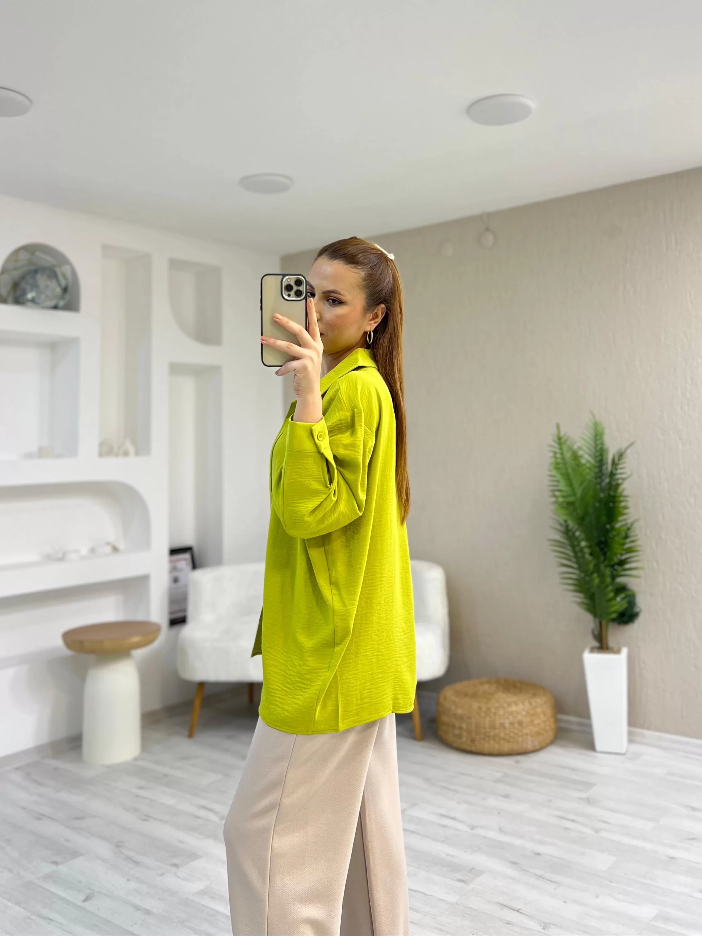 Ayrobin Kumaş Tek Cep Oversize Gömlek Olive