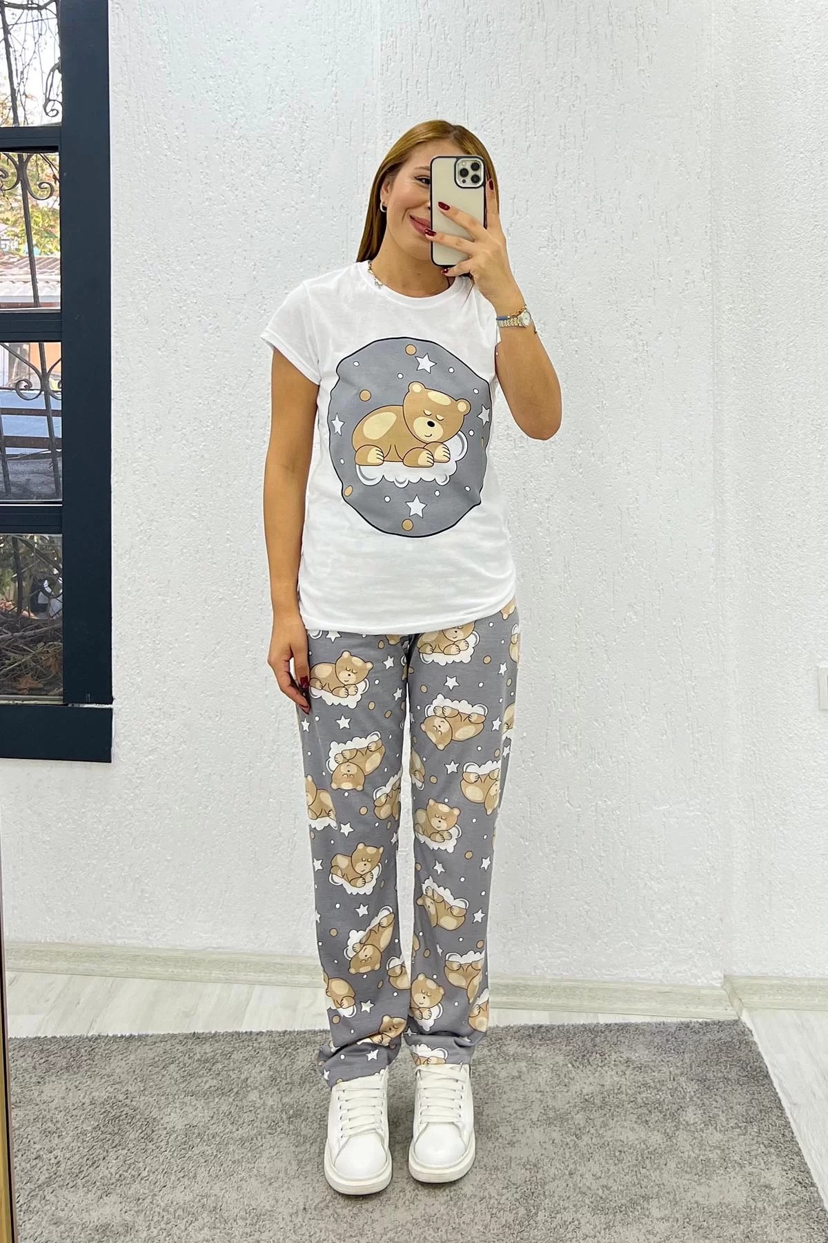 Yarım Kollu Baskılı Pijama Takımı Gri