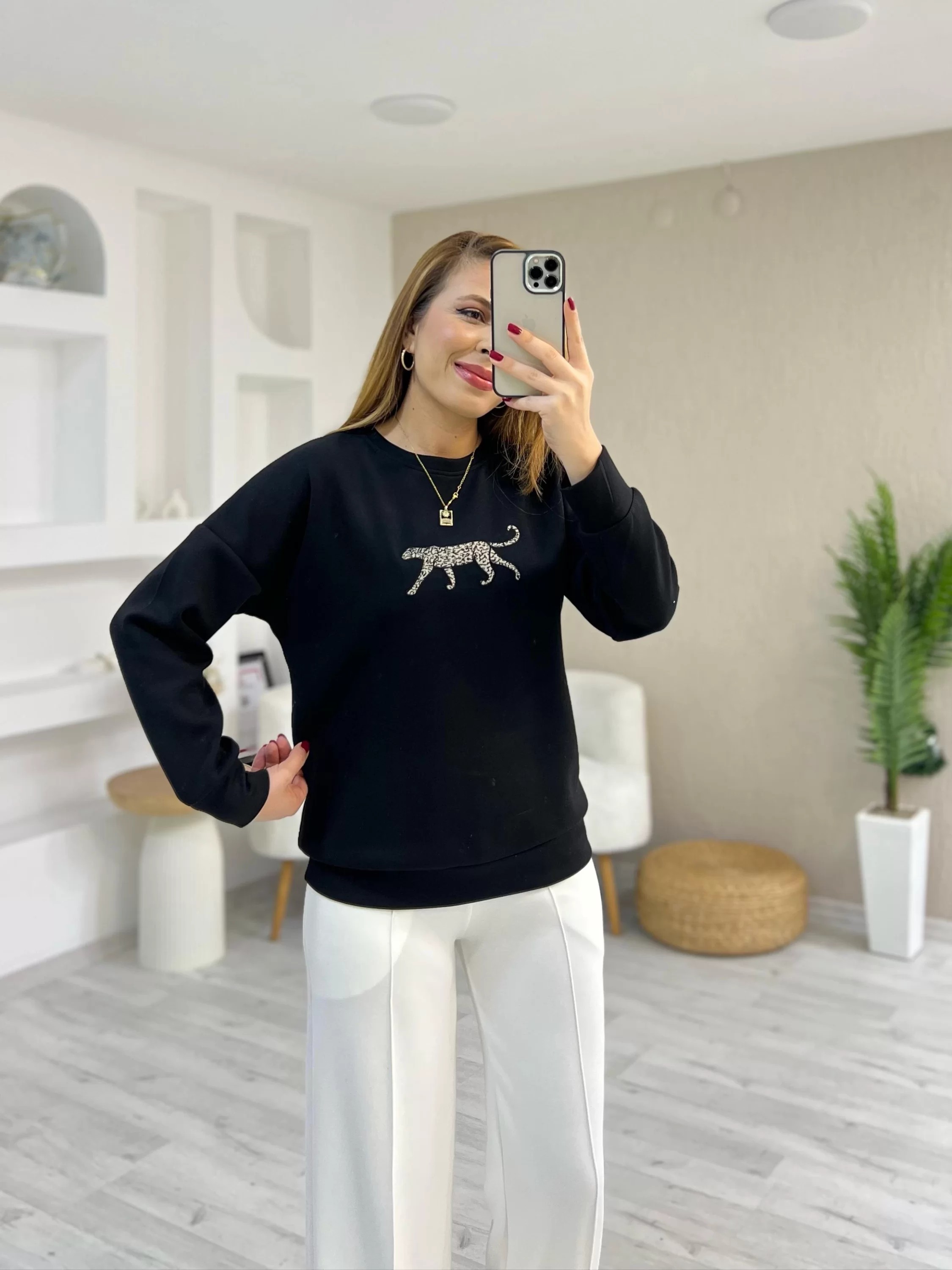 Leopar Detay Baskılı Sweat Siyah