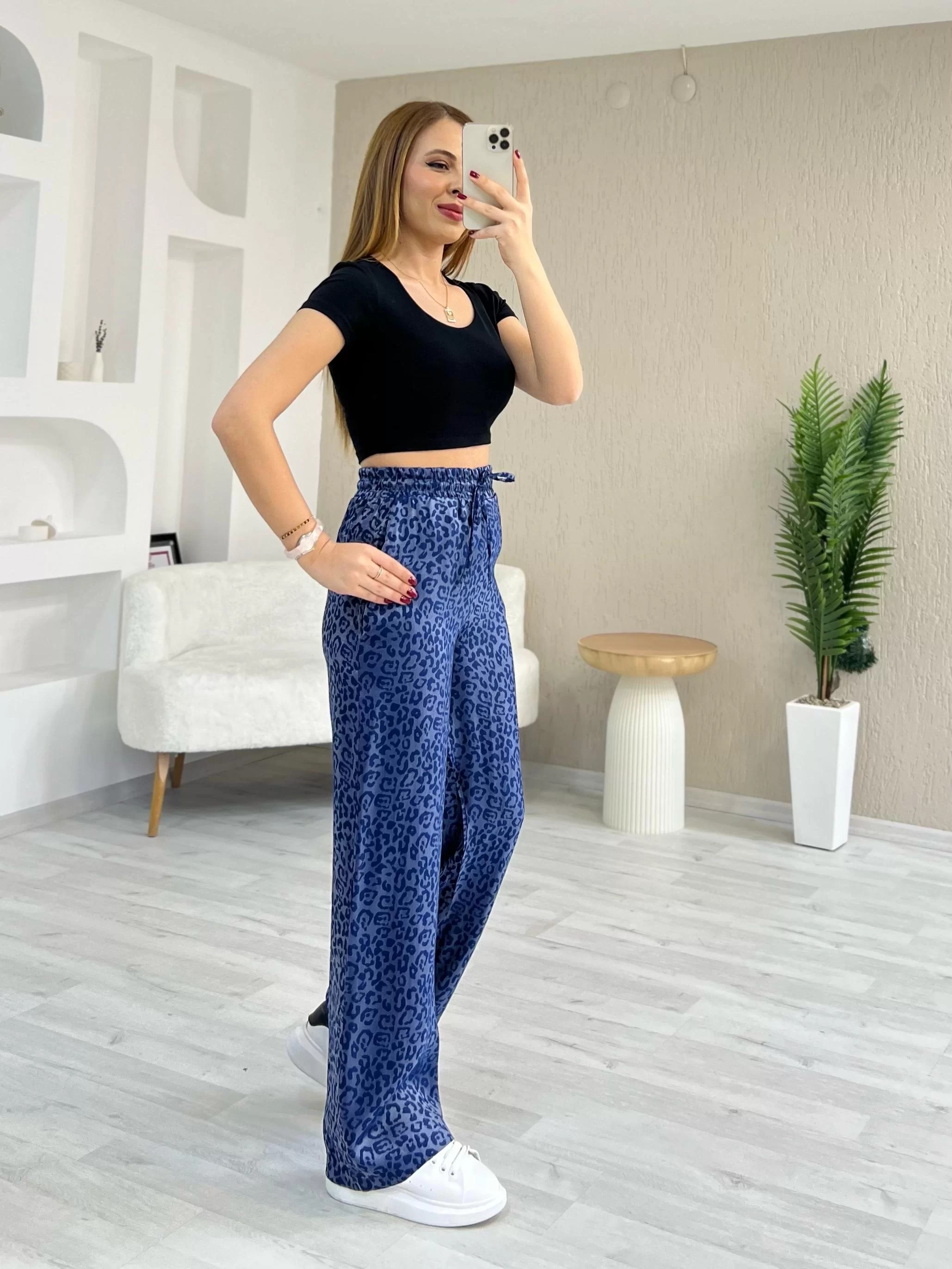 Mavi Leopar Bol Paça Pantolon