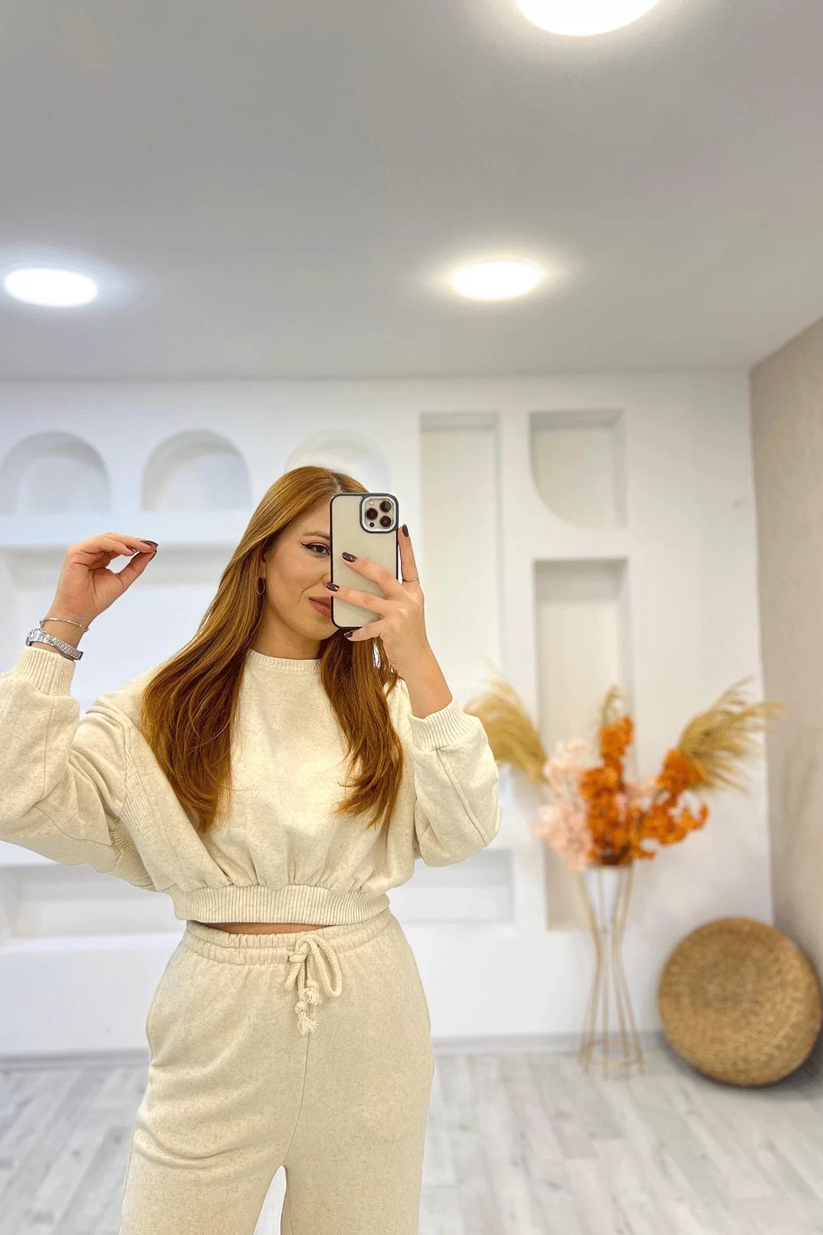 Ribanalı Crop Sweatli Ekru İkili Takım