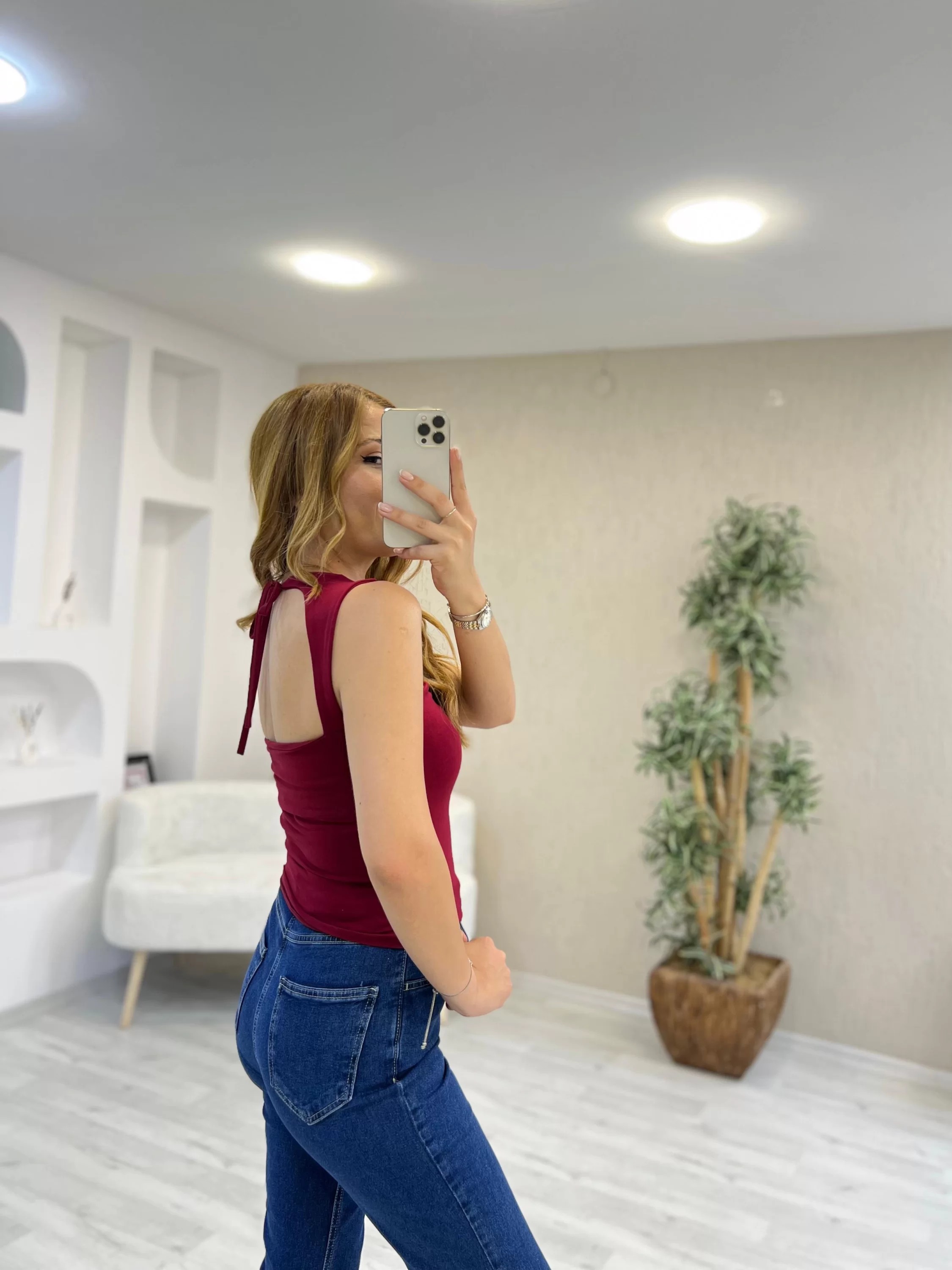 Likralı Pencereli Boyundan Bağlamalı Tişört Bordo