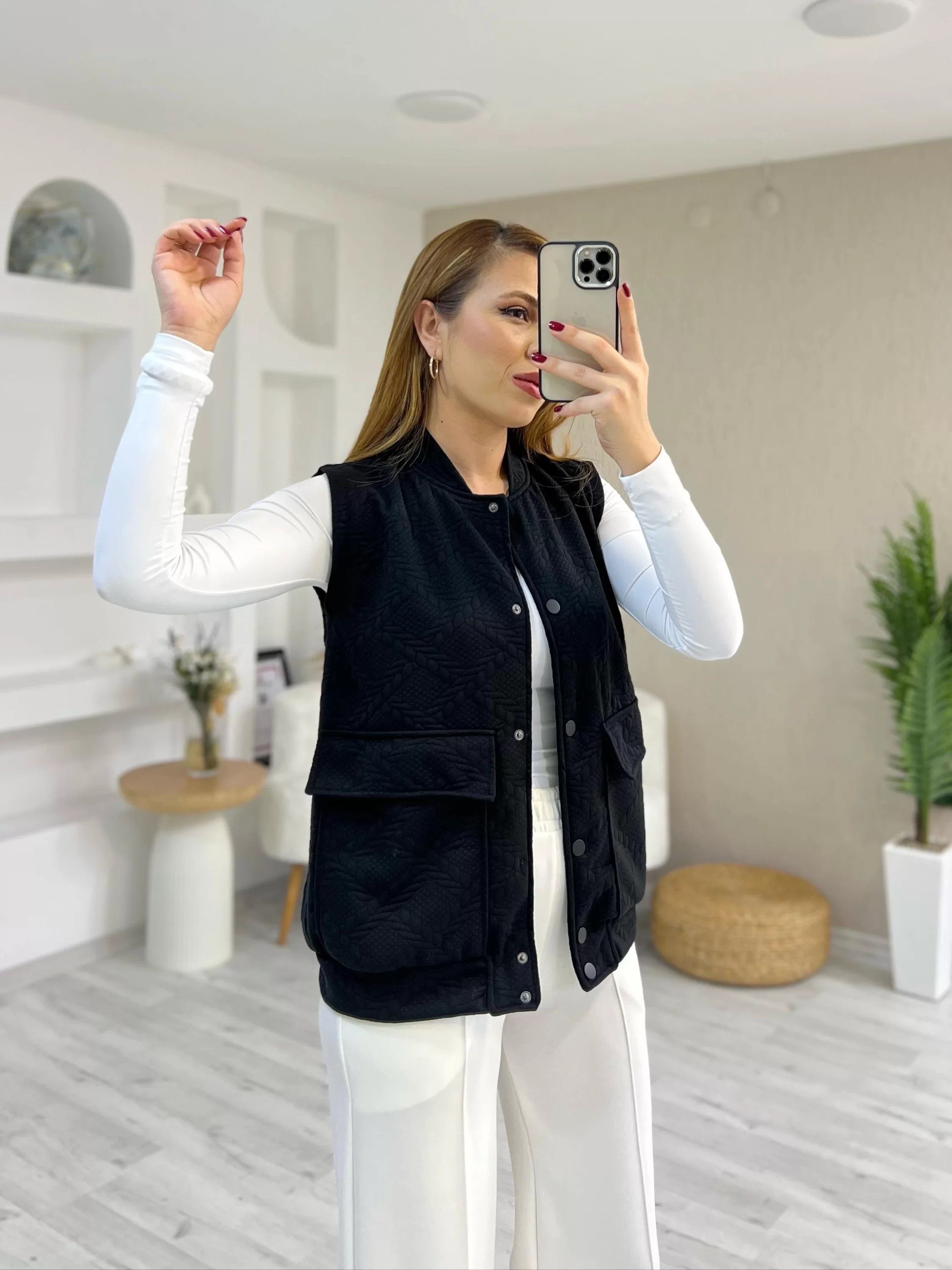 Kapitoneli Yelekli Takım Siyah