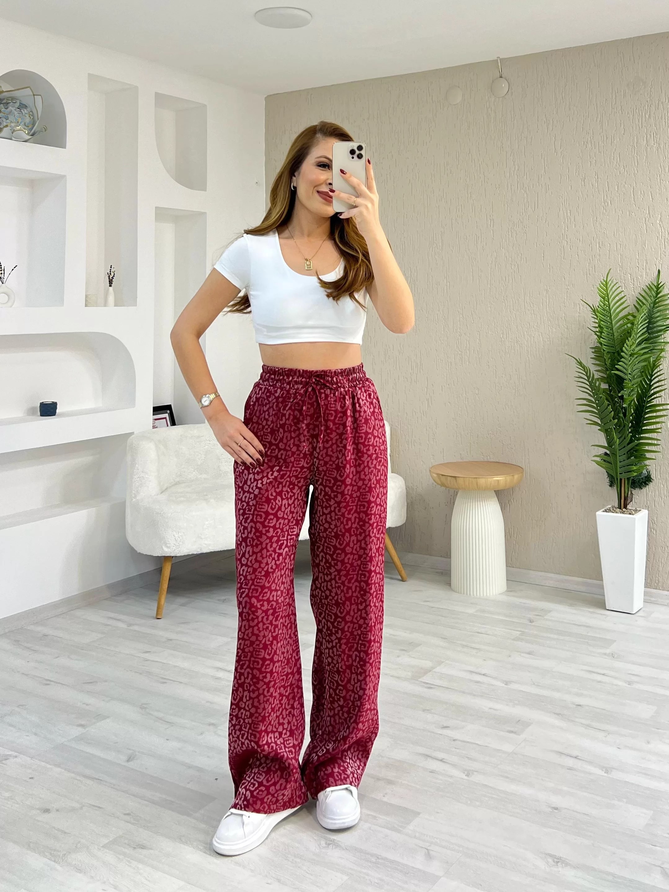 Kırmızı Leopar Bol Paça Pantolon