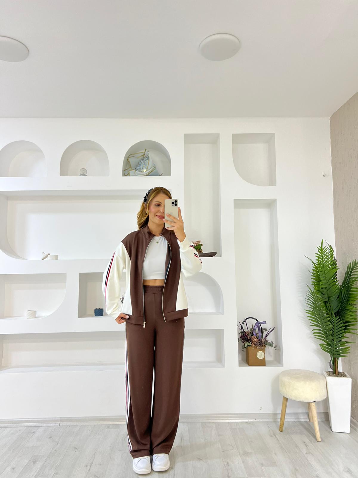 Modal Kumaş Şeritli Ceket Takım - Kahverengi