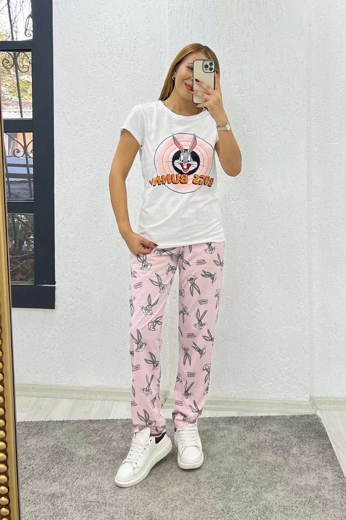Yarım Kollu Baskılı Pijama Takımı Pembe