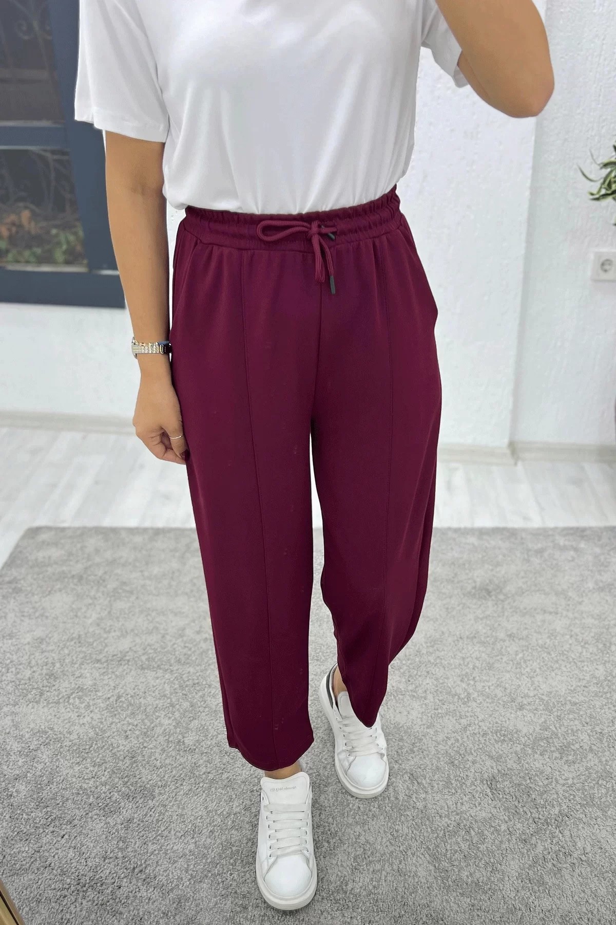 Beli Lastikli Çımalı Bordo Pantolon
