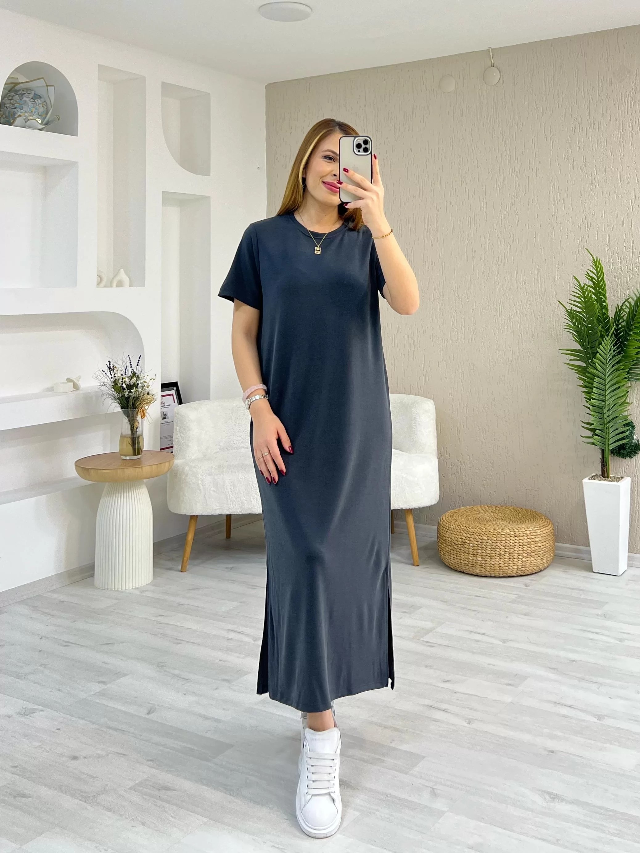 Oysho Yırtmaçlı Kısa Kol Pike Elbise Antrasit