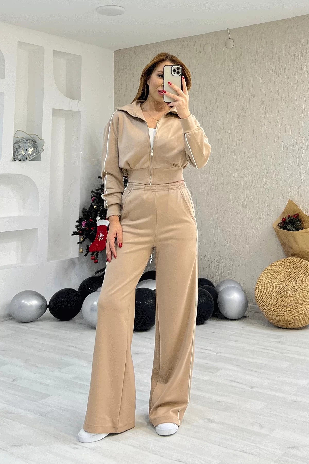 Modal Kumaş Şeritli Crop Ekru İkili Takım