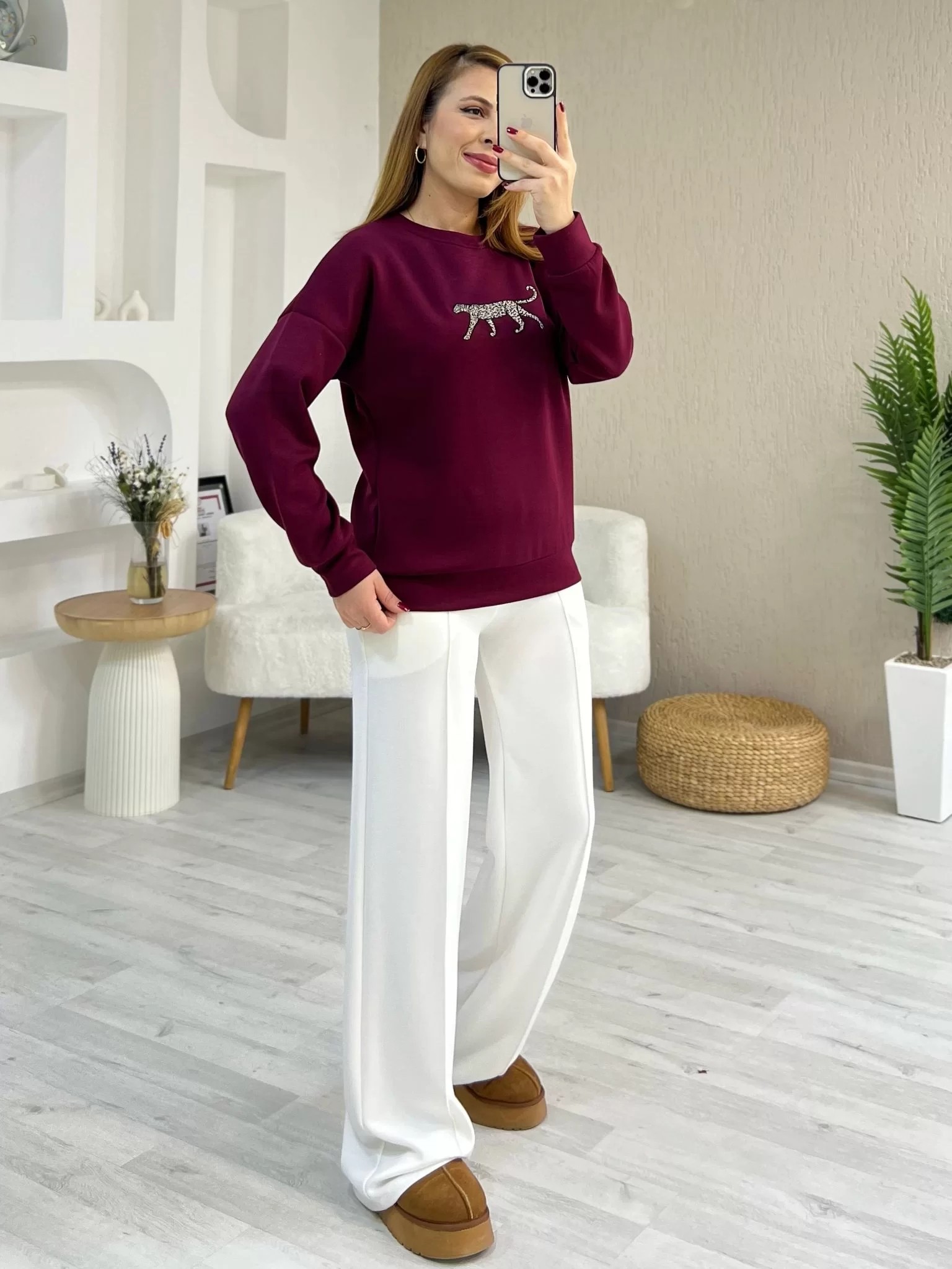 Leopar Detay Baskılı Sweat Bordo