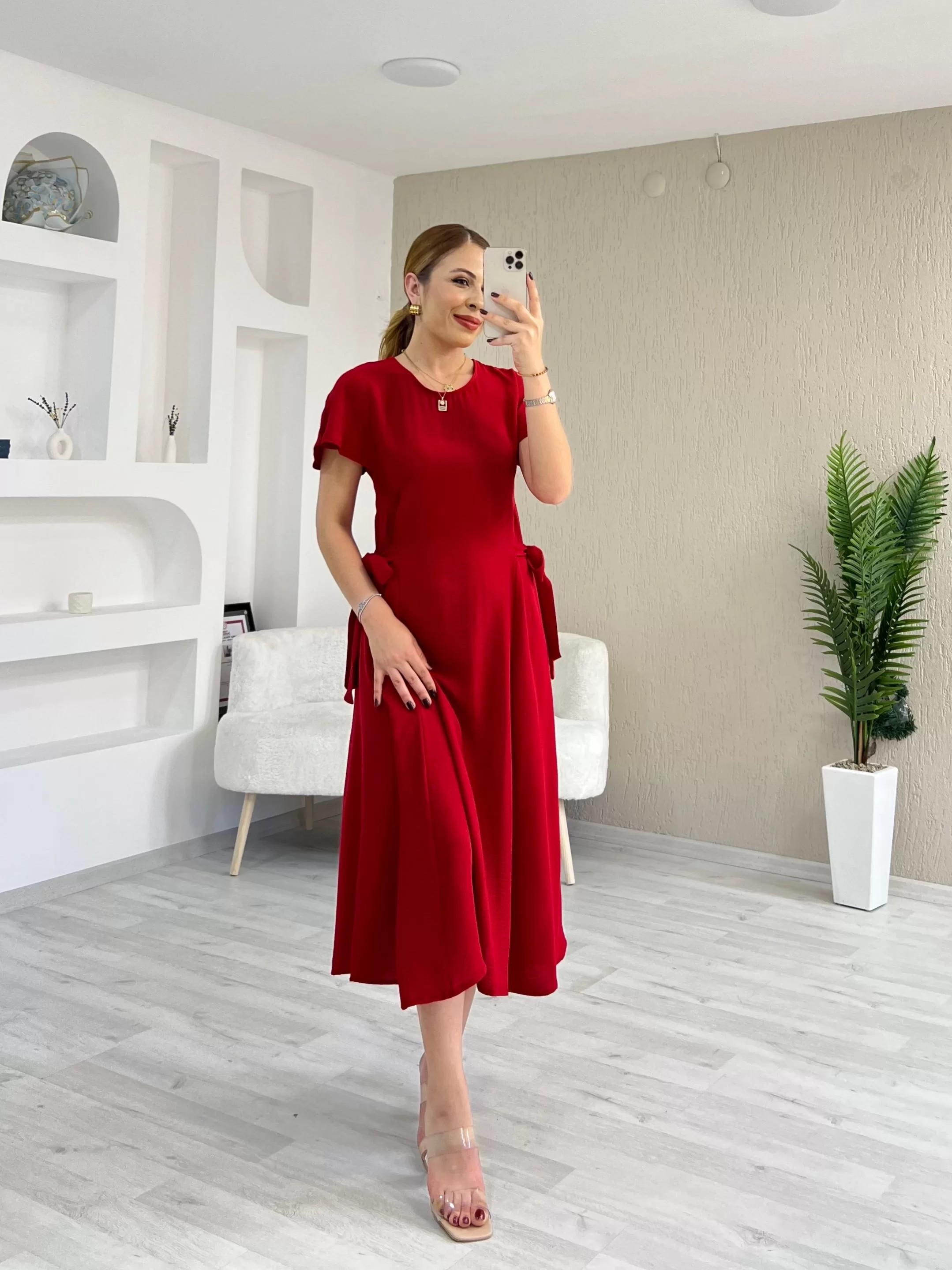 Yan Bağlama Detay Ayrobin Elbise Kırmızı
