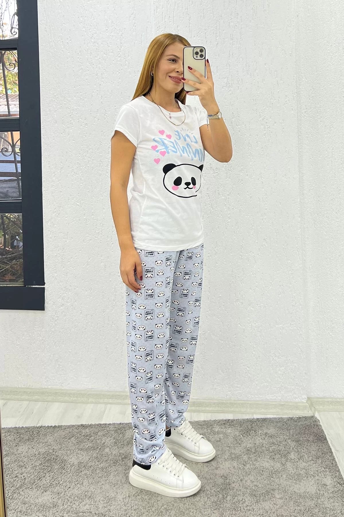 Yarım Kollu Baskılı Pijama Takımı Mavi