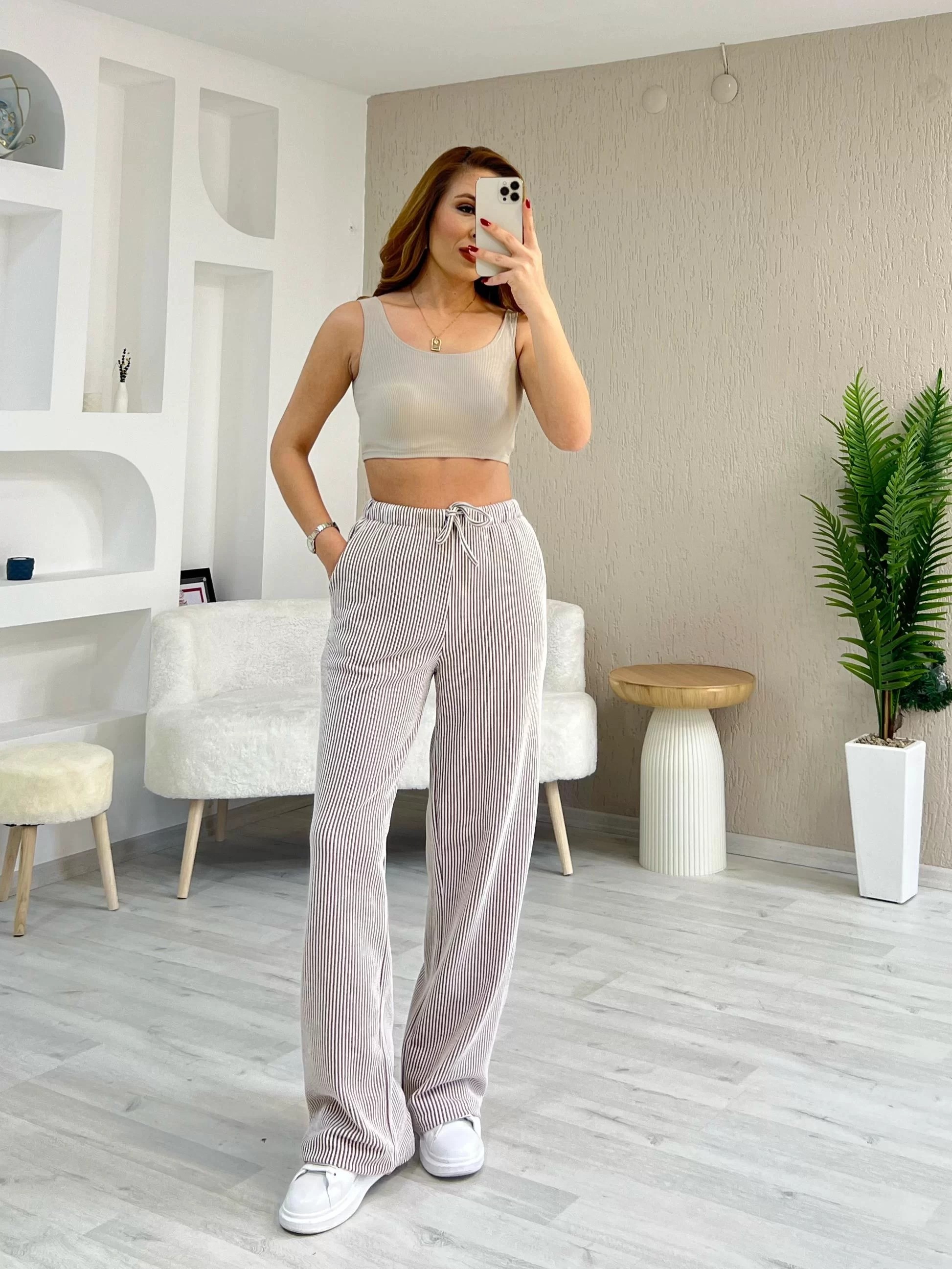 Stradivarius Çizgili Pantolon Kahverengi