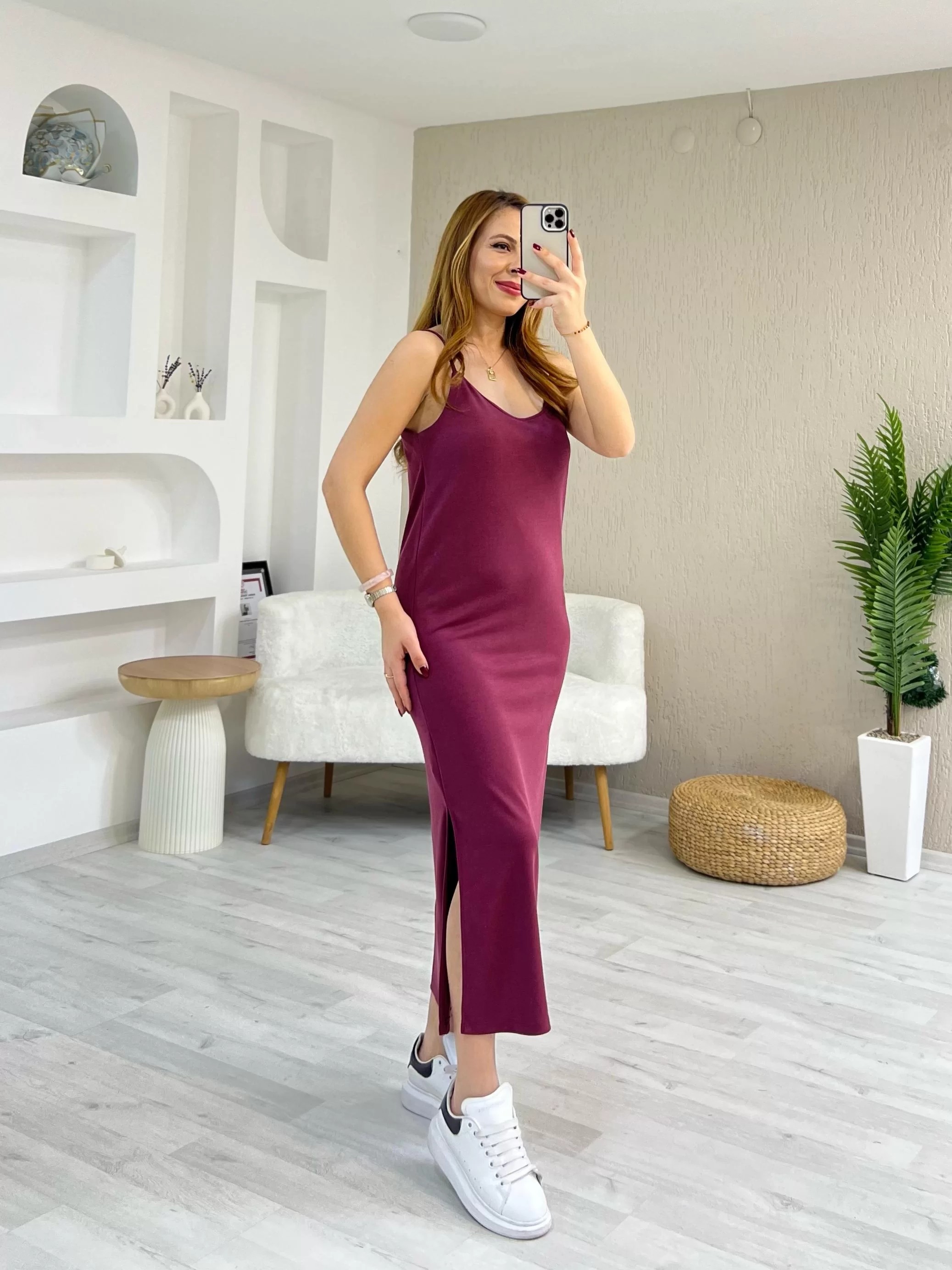 Oysho Askılı Pike Elbise Bordo