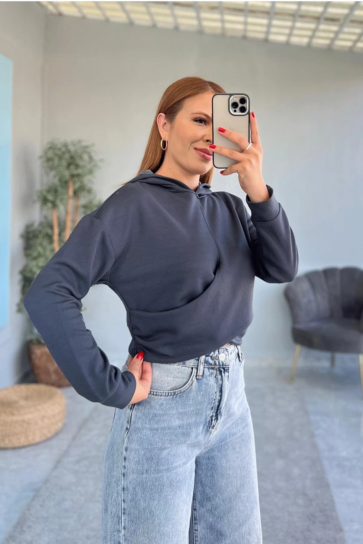 Kapşonlu Crop Antrasit Sweatshirt