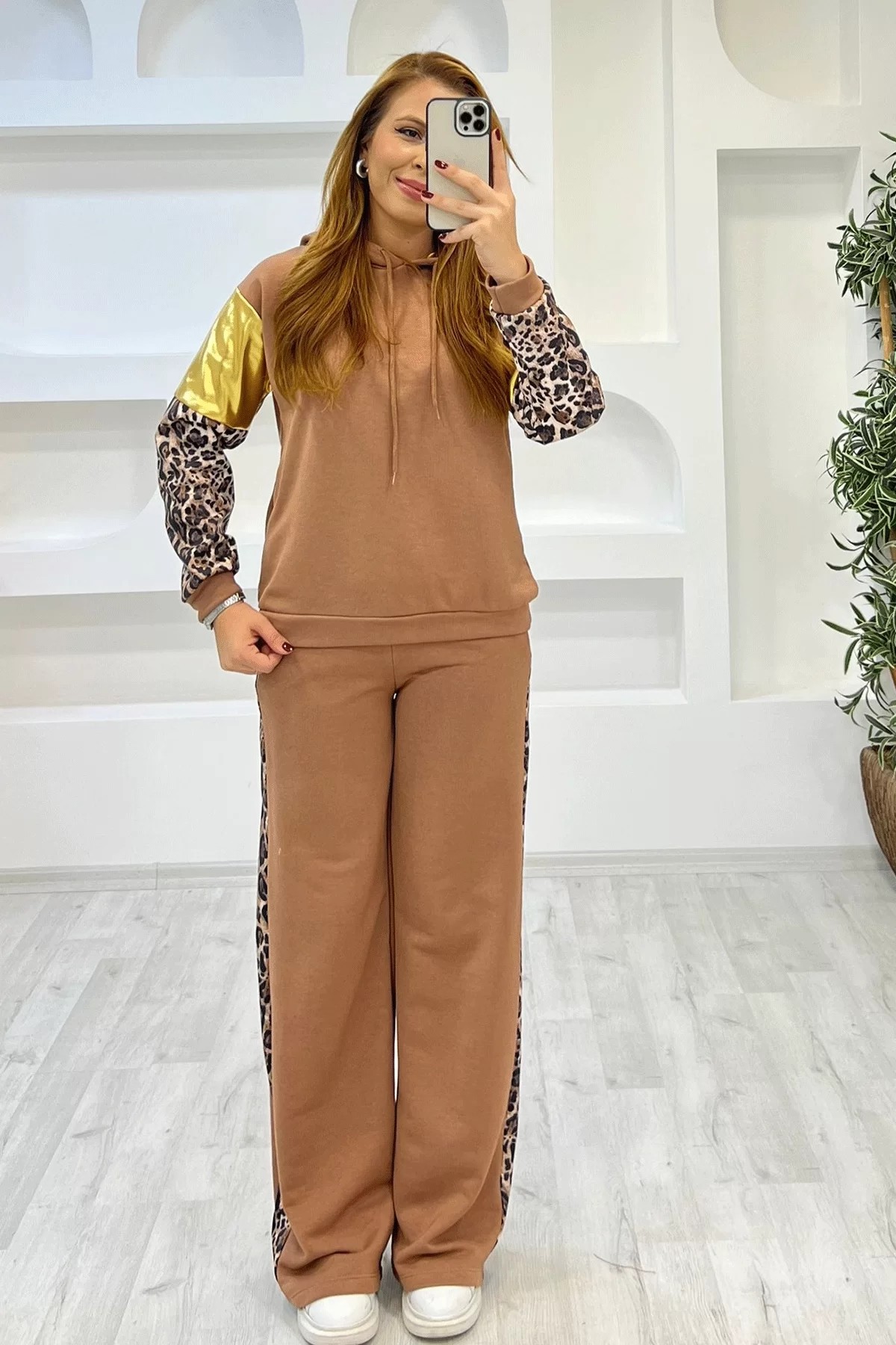 Leopar Ribanalı Kahverengi Takım