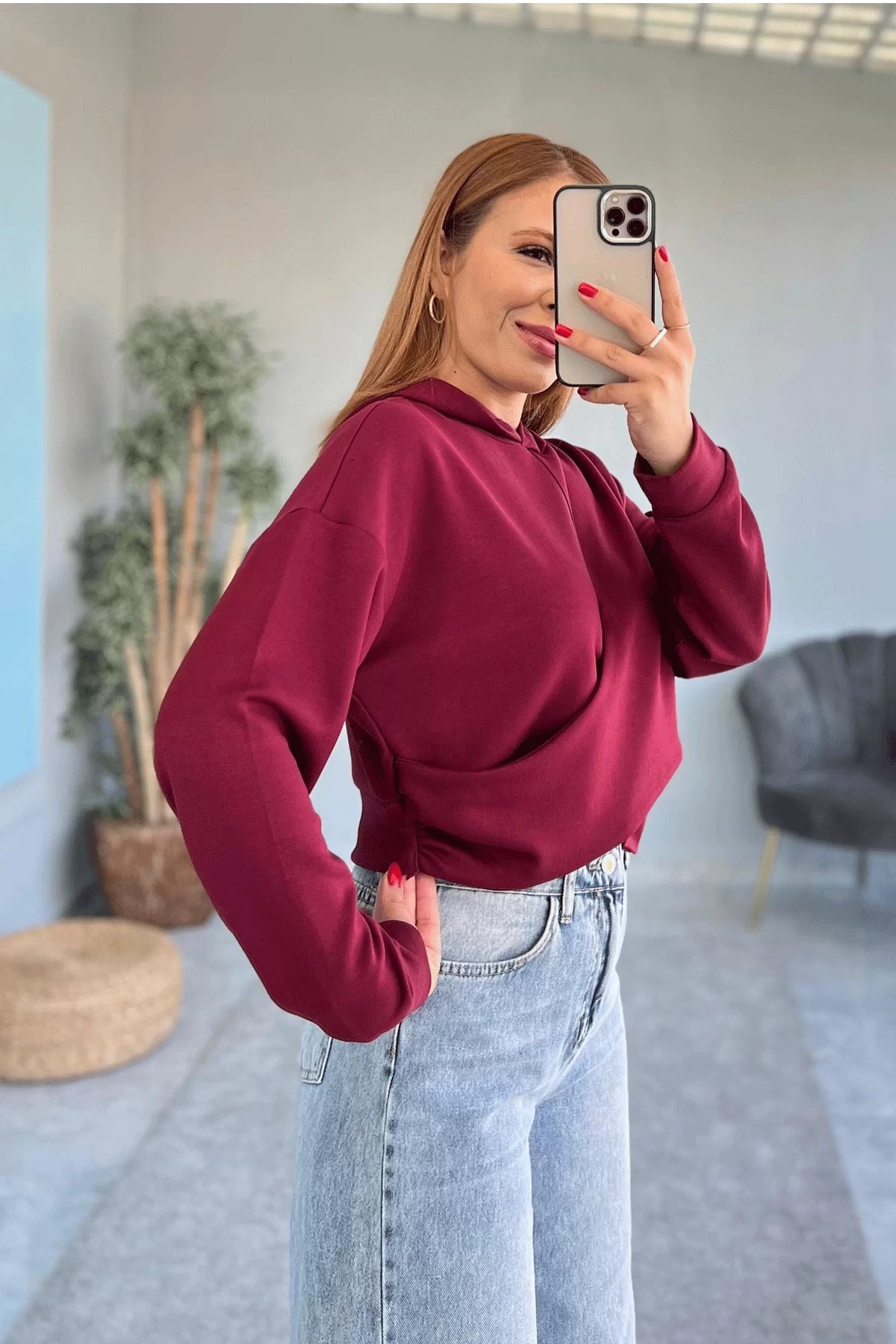 Kapşonlu Crop Bordo Sweatshirt
