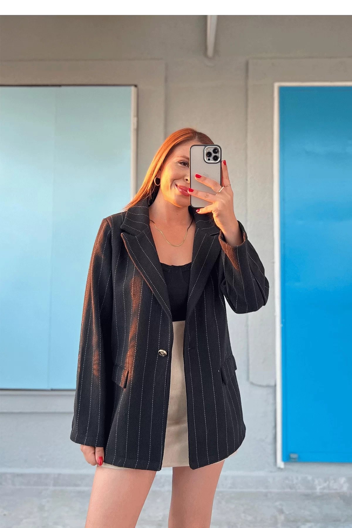 Çizgili Blazer Keten Siyah Ceket