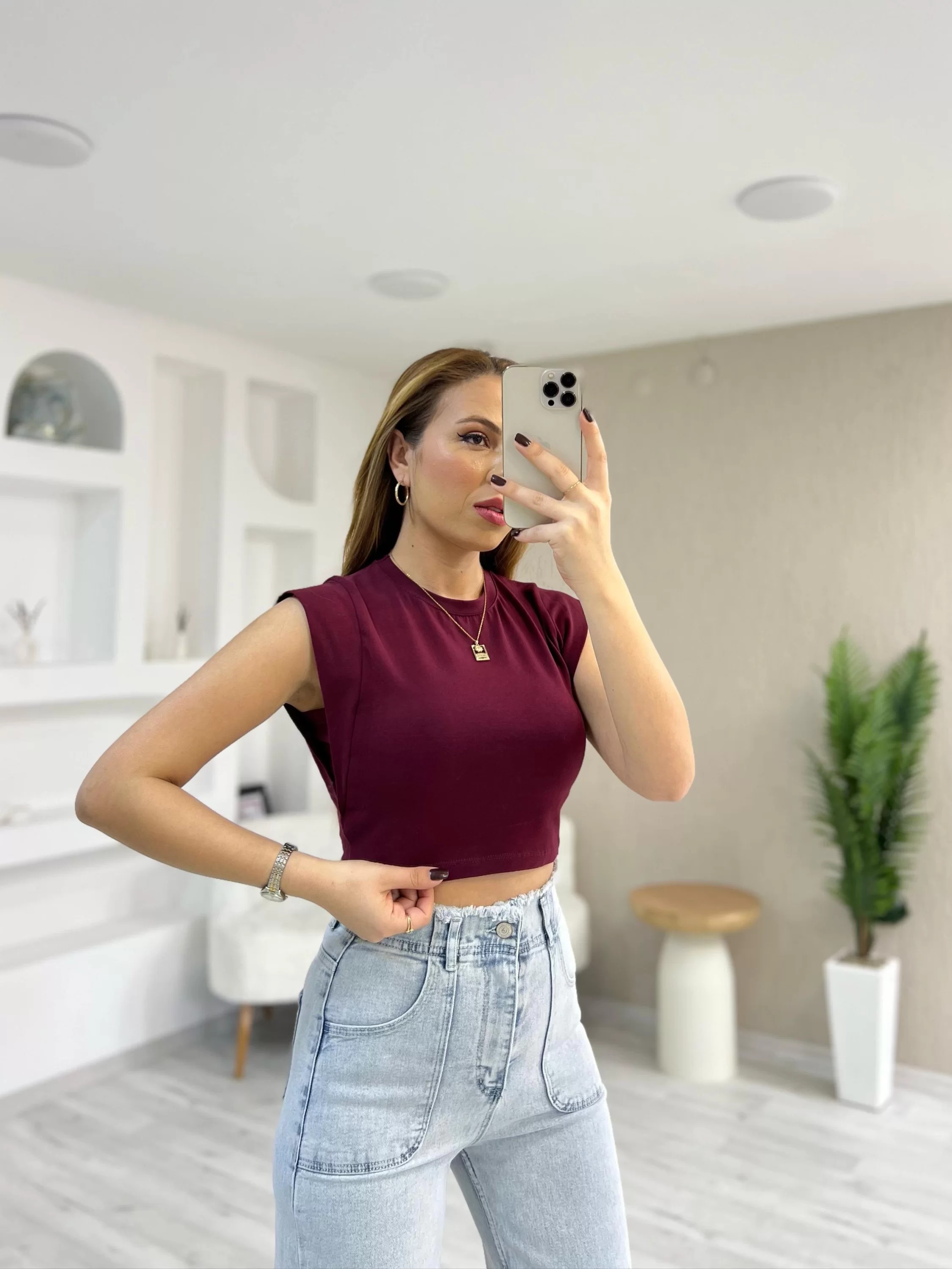 T Kol Crop Bluz Bordo