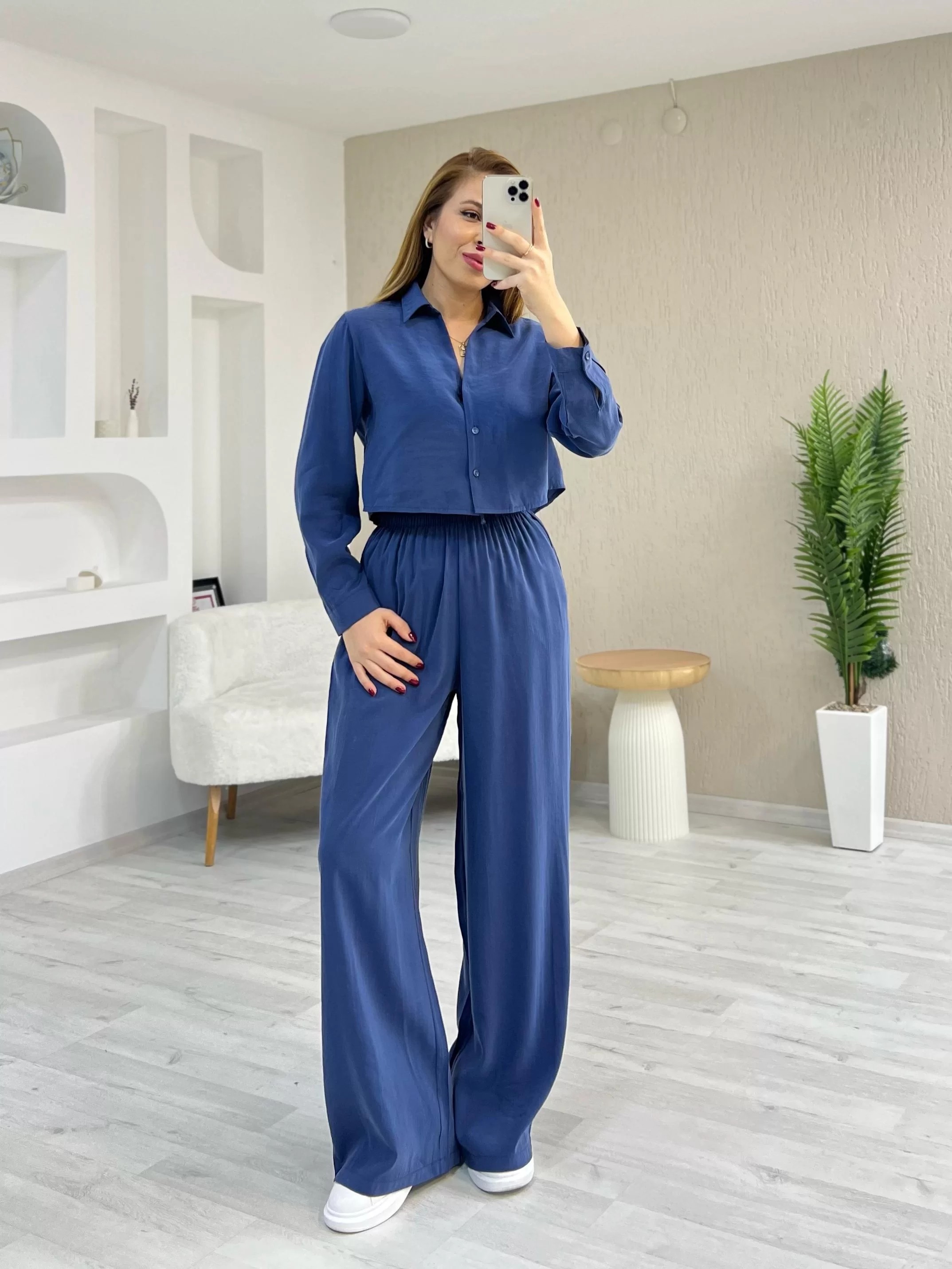 Tensel Kumaş Crop Takım Mavi