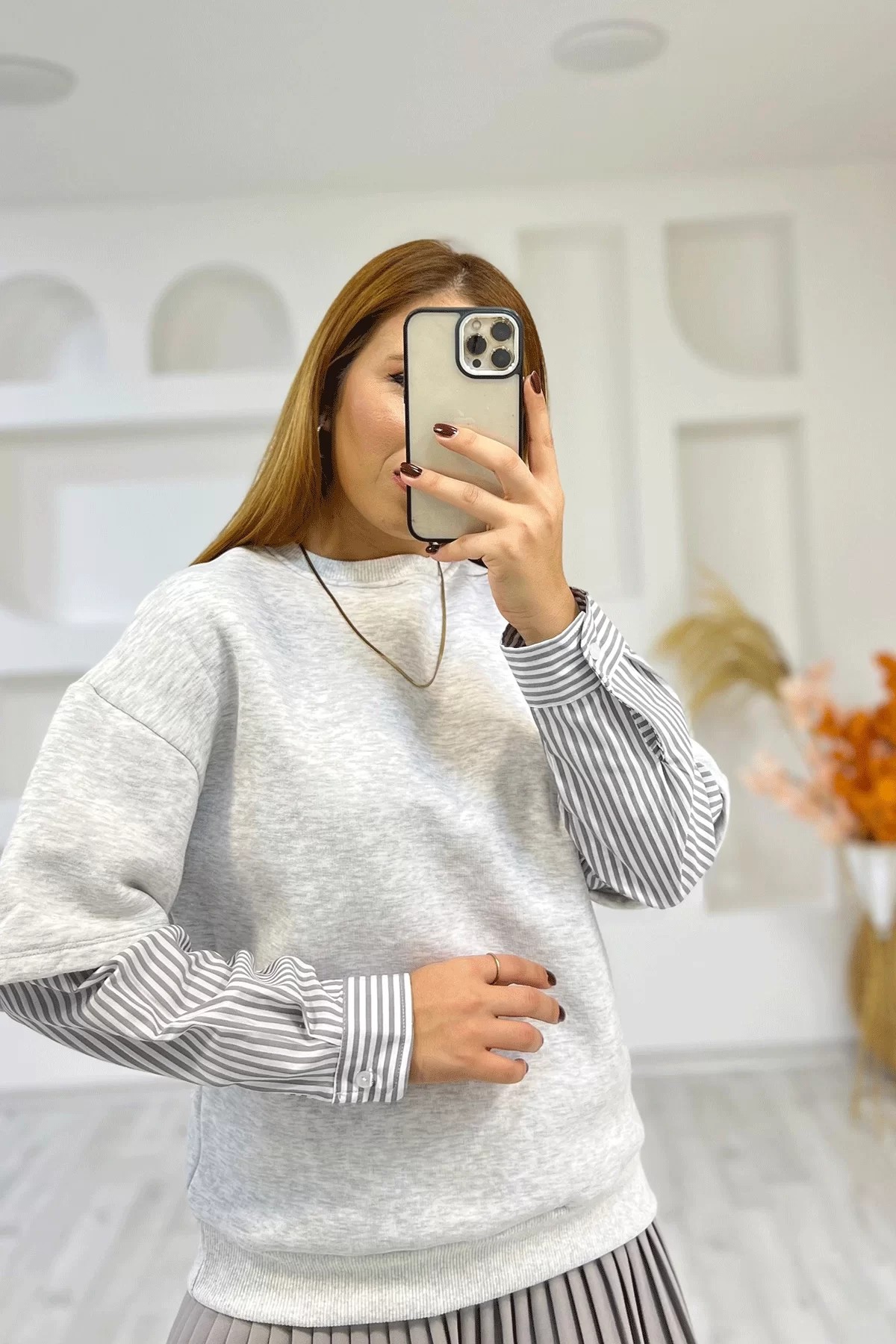 Orijinal Marka Gömlek Kol Gri Sweatshirt