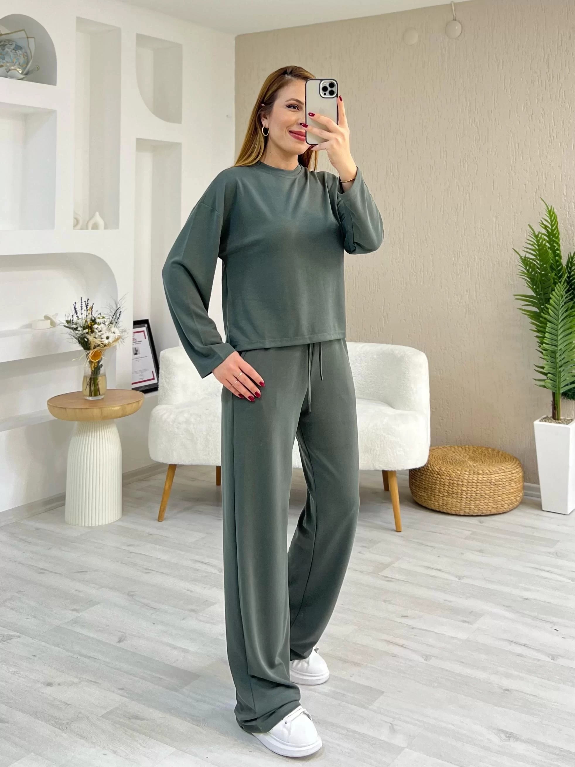 Oysho Kumaş Uzun Kol Bisiklet Yaka Pike Modal Takım Haki