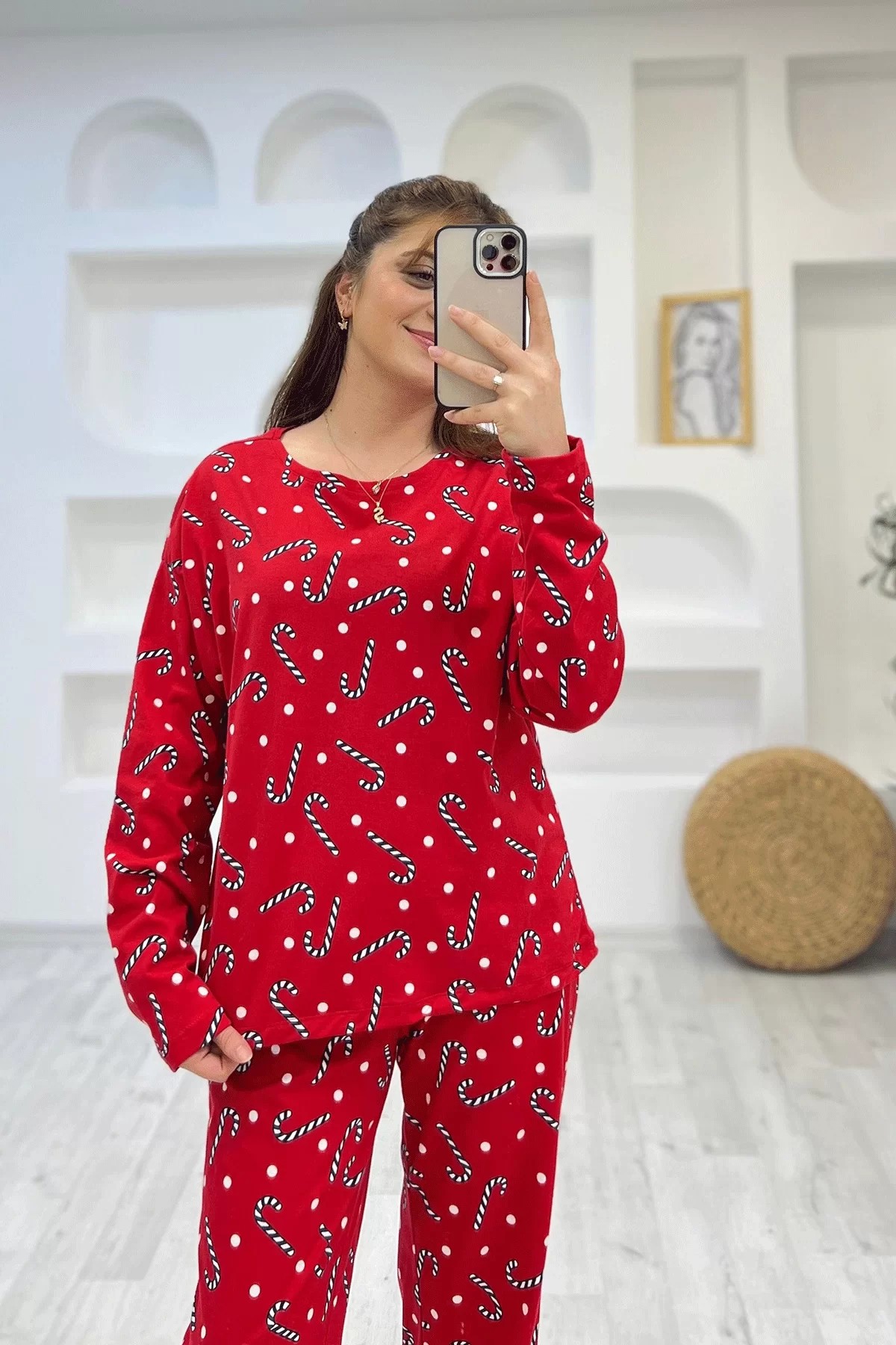 Noel Şekeri Desenli Pijama Takımı Kırmızı