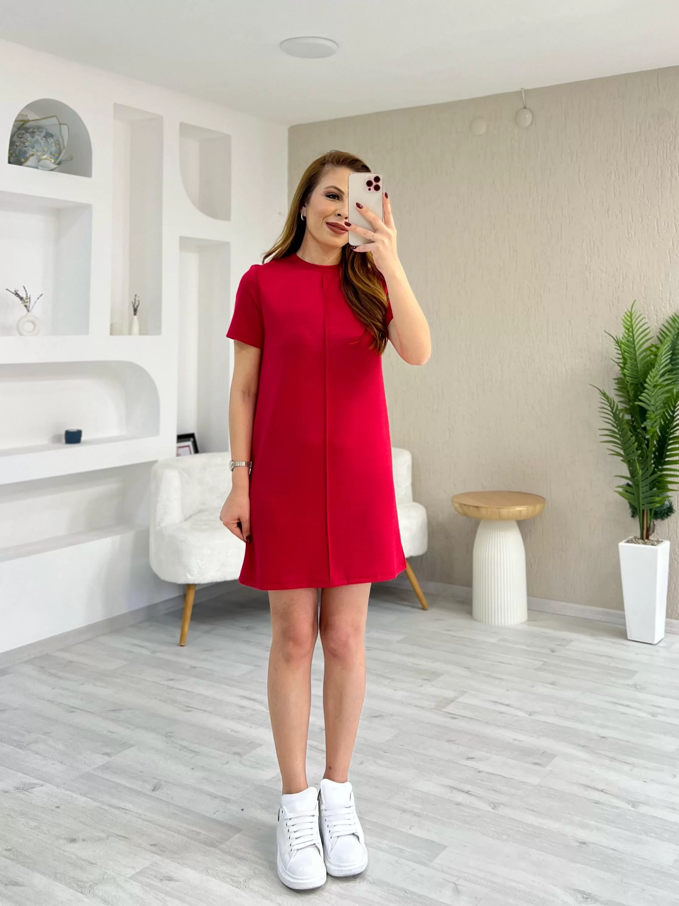 Modal Kumaş Ön Çimalı Elbise Nar Çiçeği