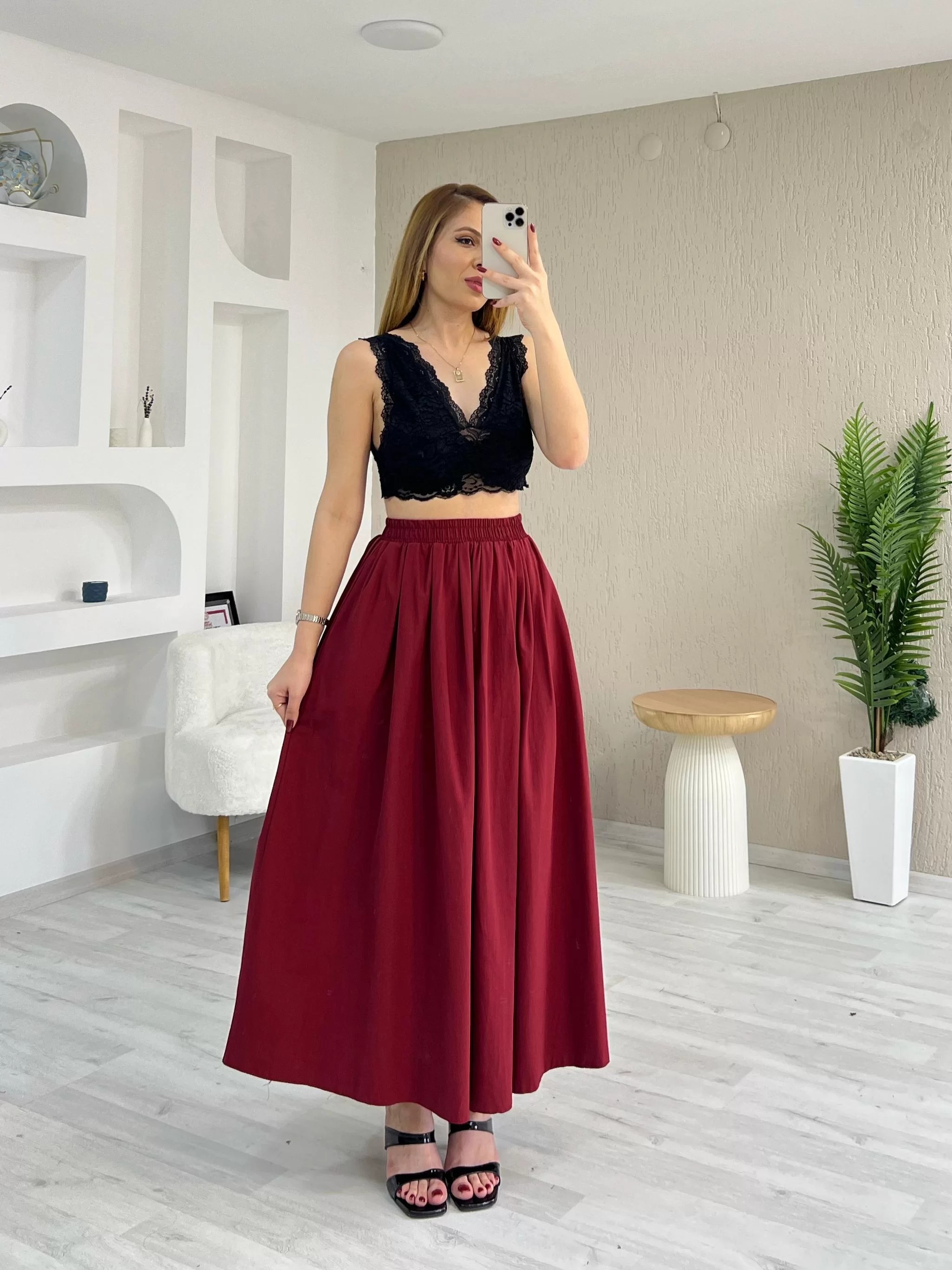 Poplin Cepli Etek Bordo