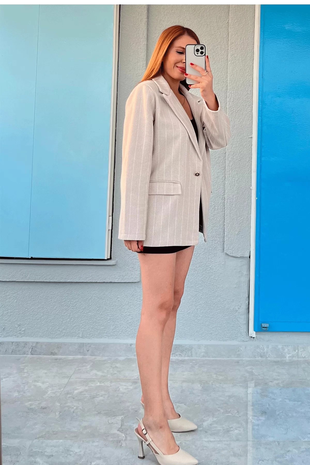 Çizgili Blazer Keten Ekru Ceket