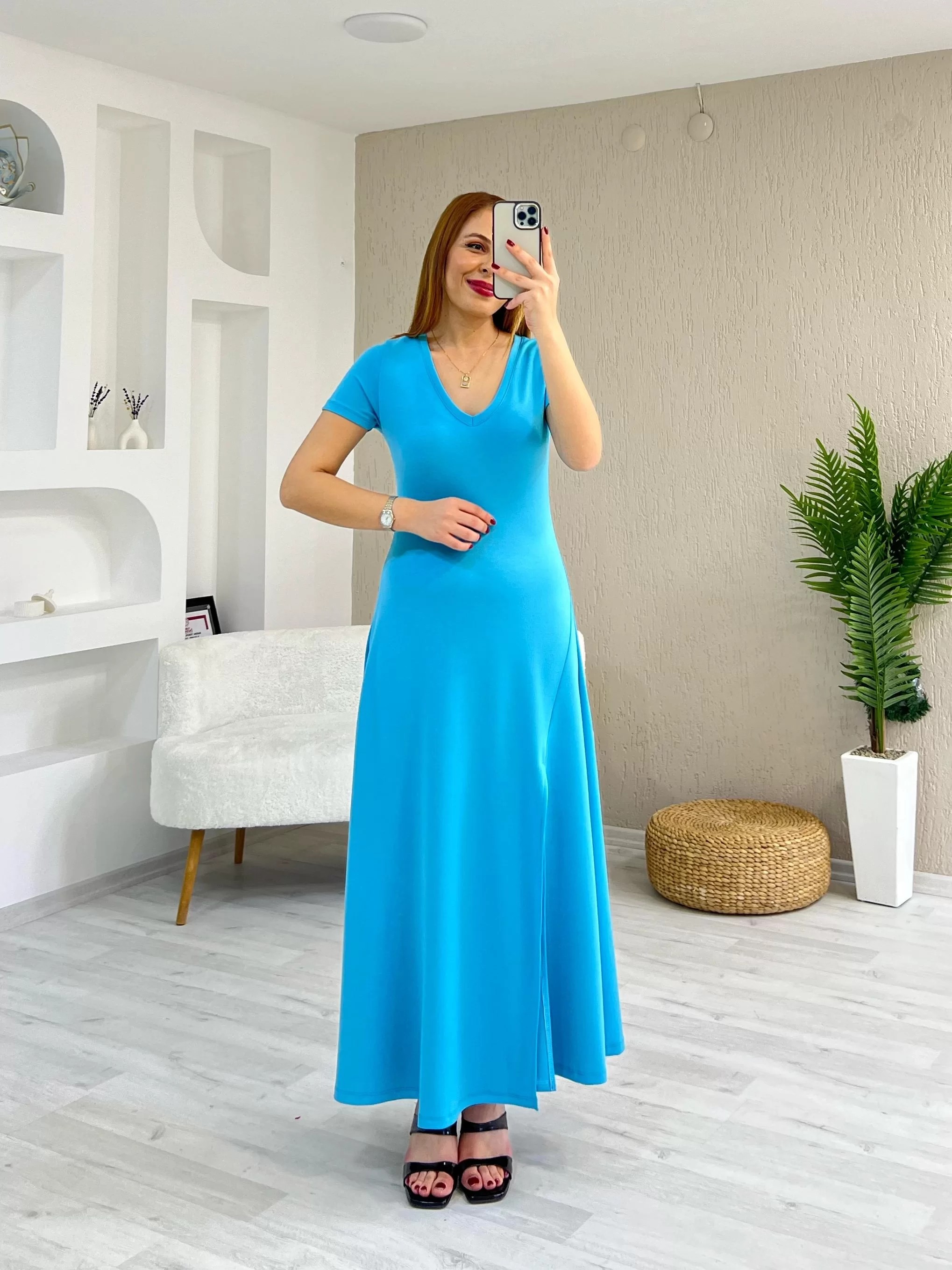 Modal Tek Yırtmaçlı Maxi Boy Elbise Açık Mavi