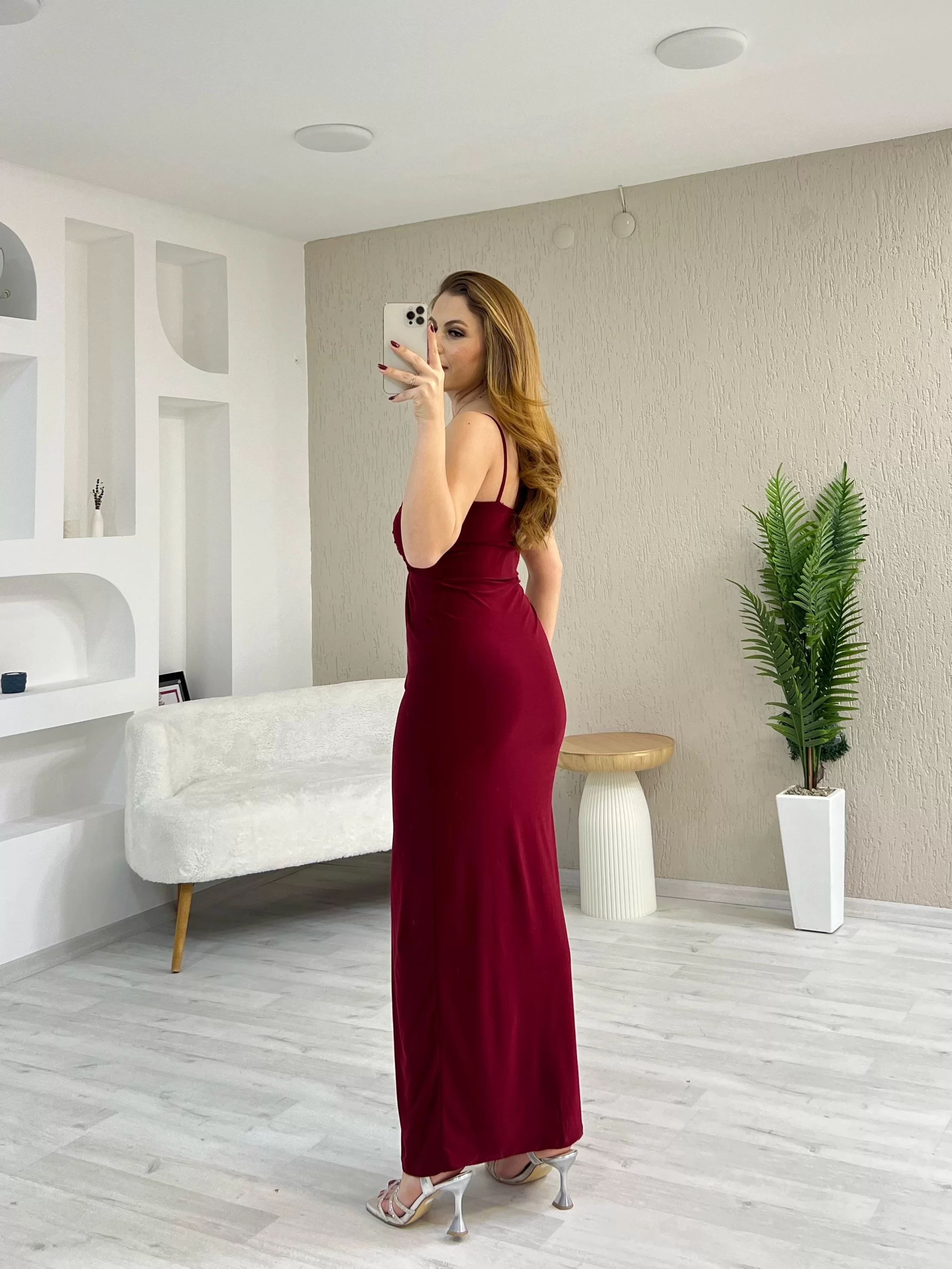 İp Askılı Düğümlü Yırtmaç Detay Elbise Bordo