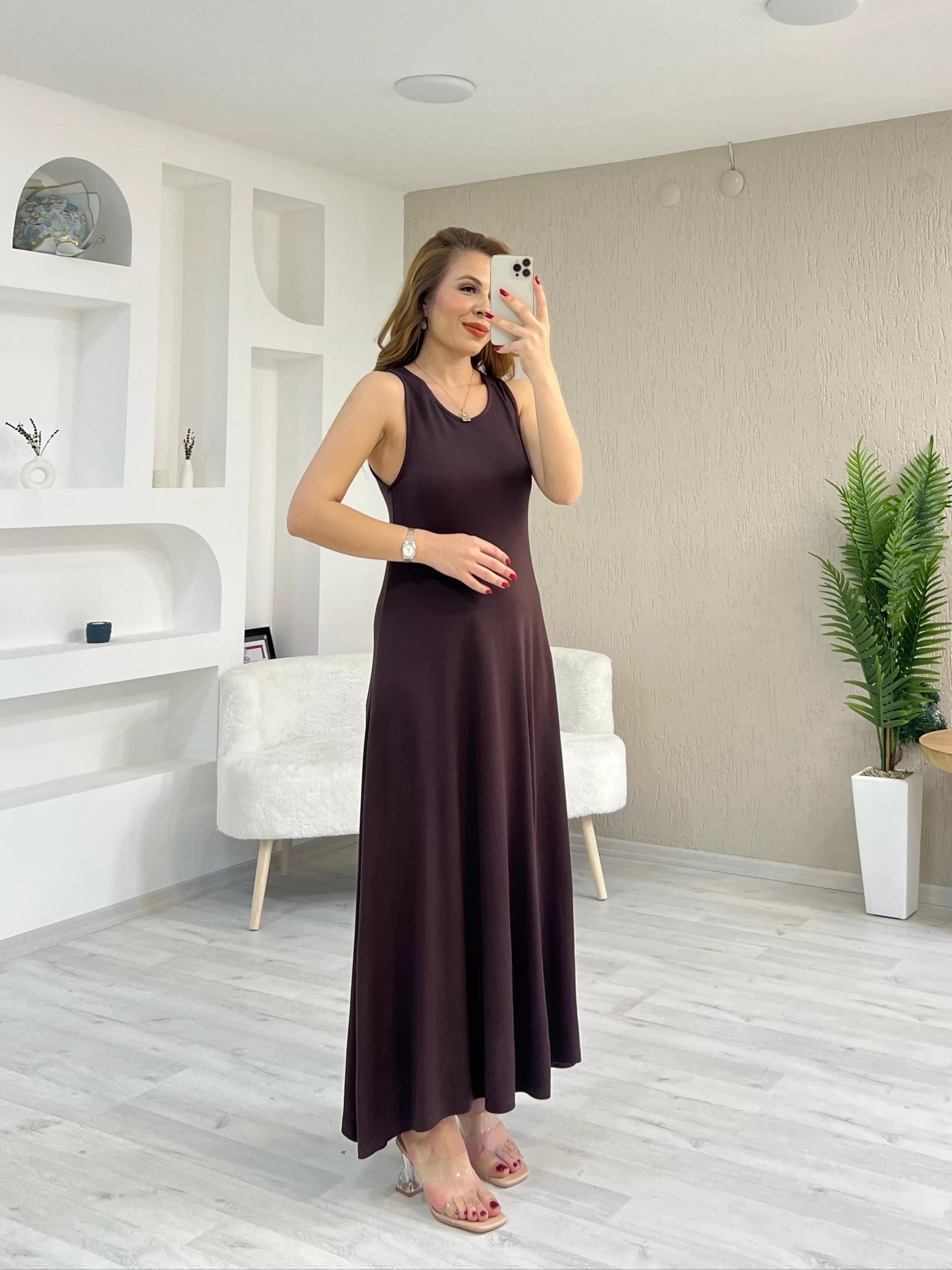 Oysho Kumaş Arka Düğmeli Elbise Kahverengi