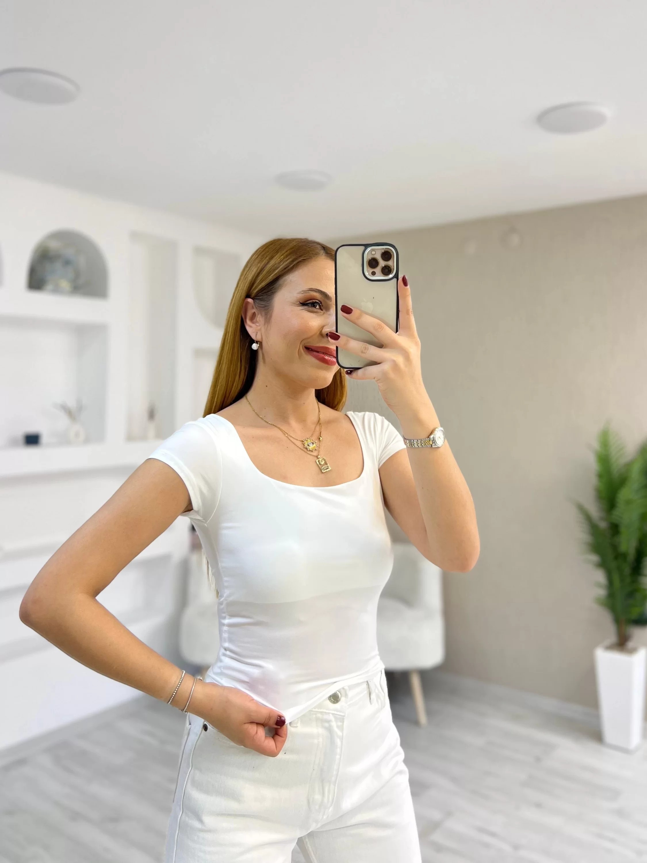 Sandy Kumaş Kare Yaka Kısa Kol Bady Beyaz