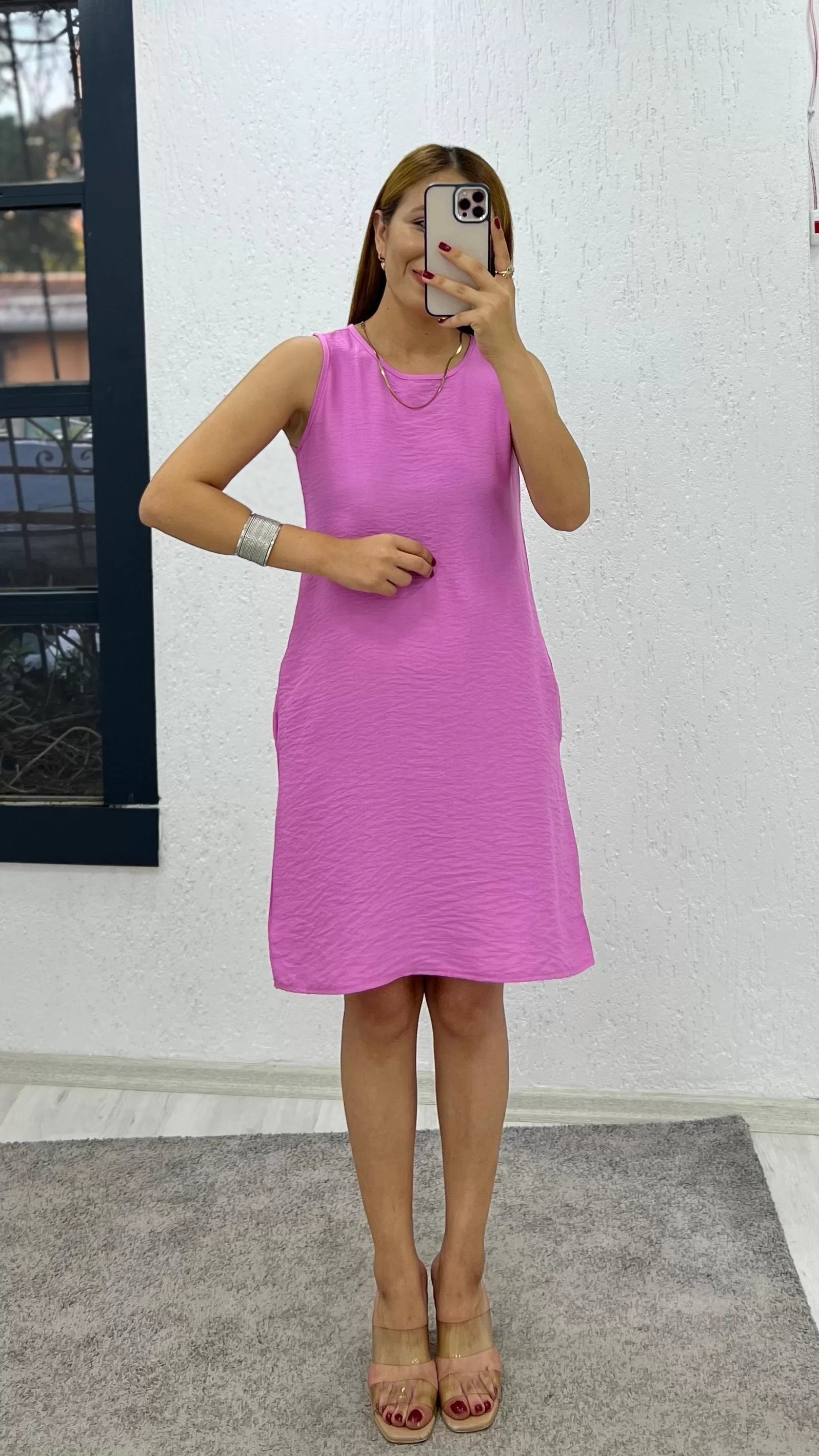 Ayrobin Keten Kumaş Cepli Bisiklet Yaka Elbise Pembe