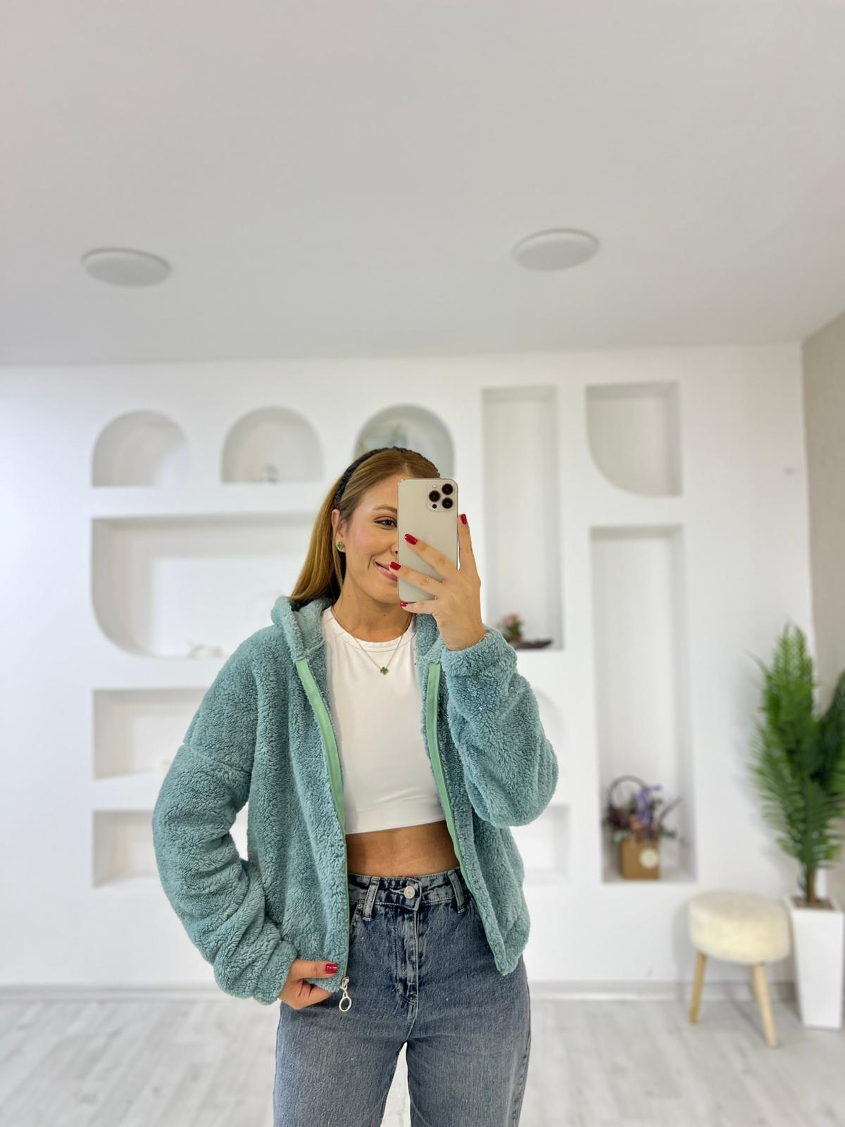 Kapşonlu Teddy Peluş Ceket - Yeşil