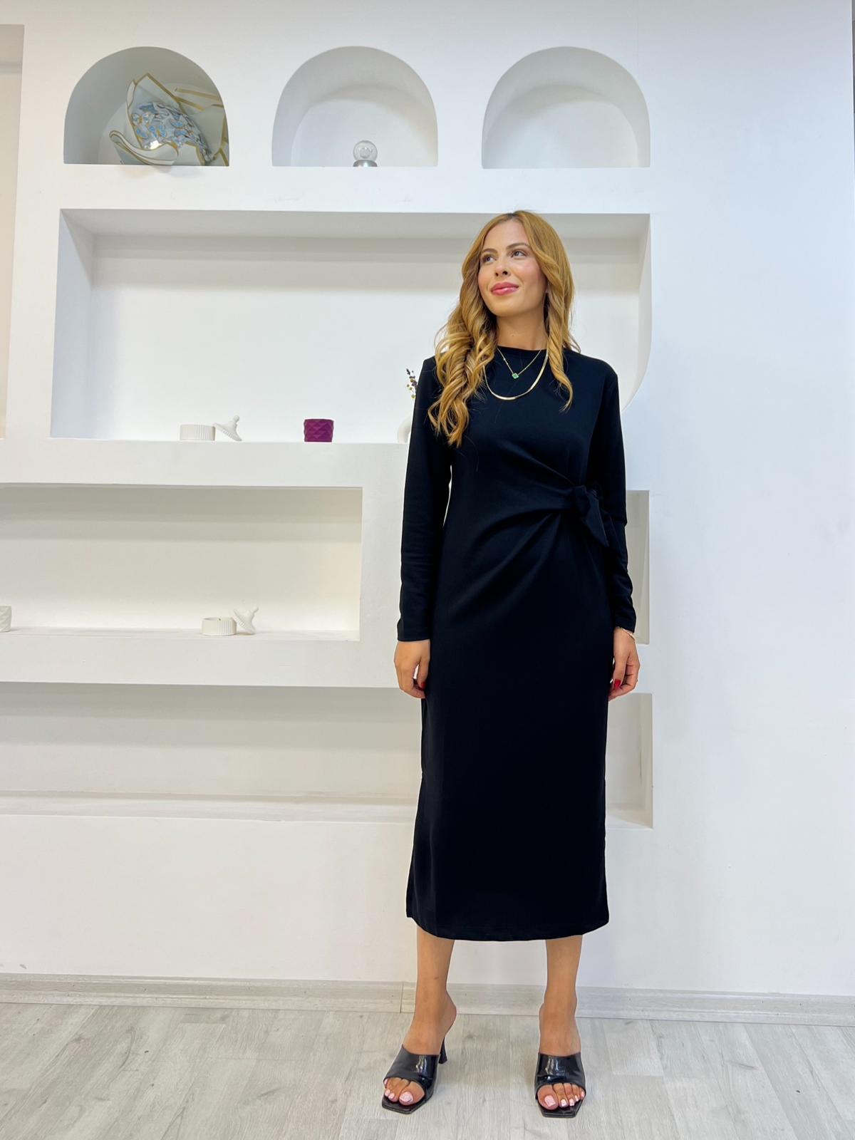 Modal Uzun Kol Kuşaklı Elbise 