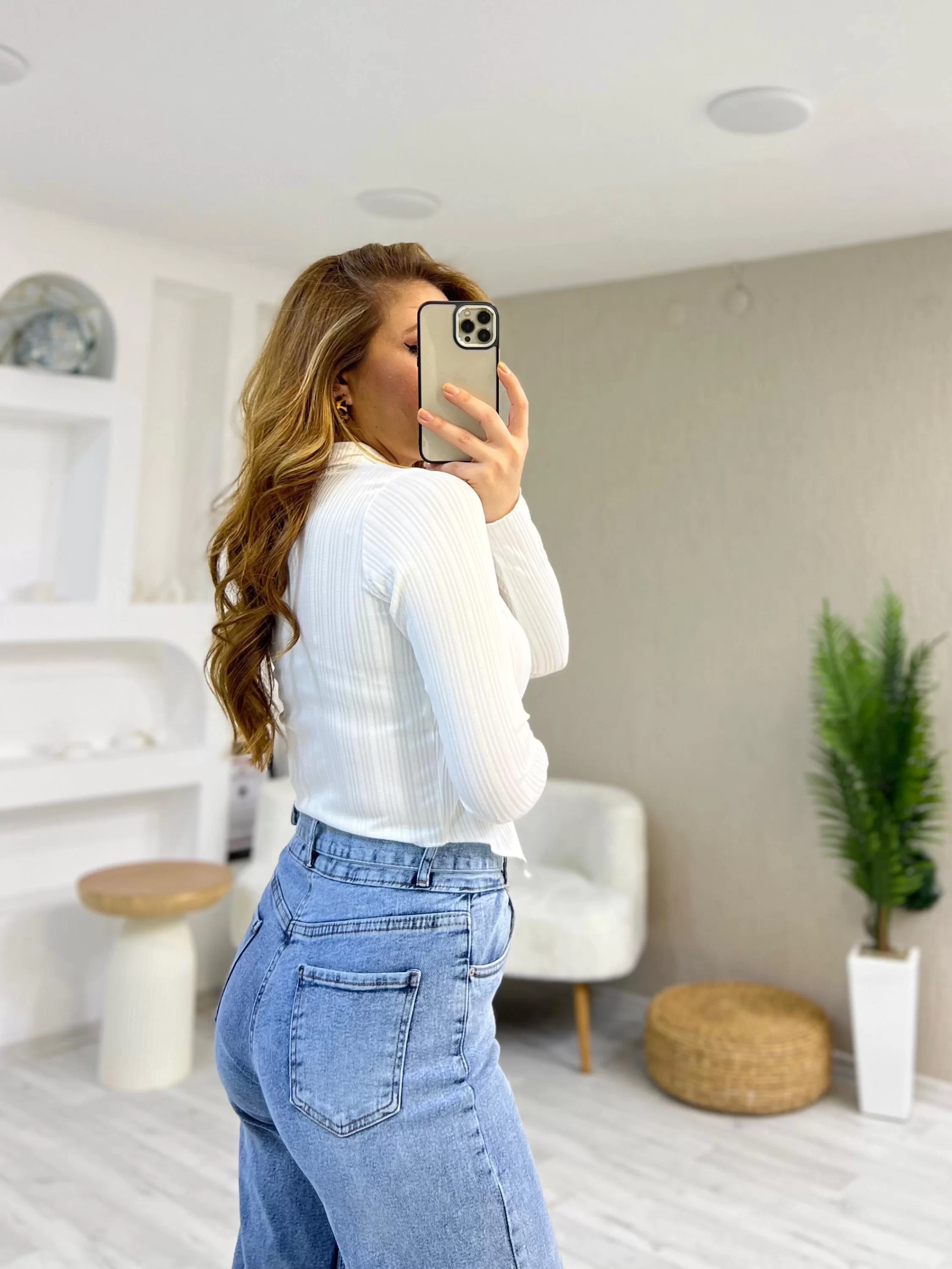 Yakalı Beyaz Crop Gömlek