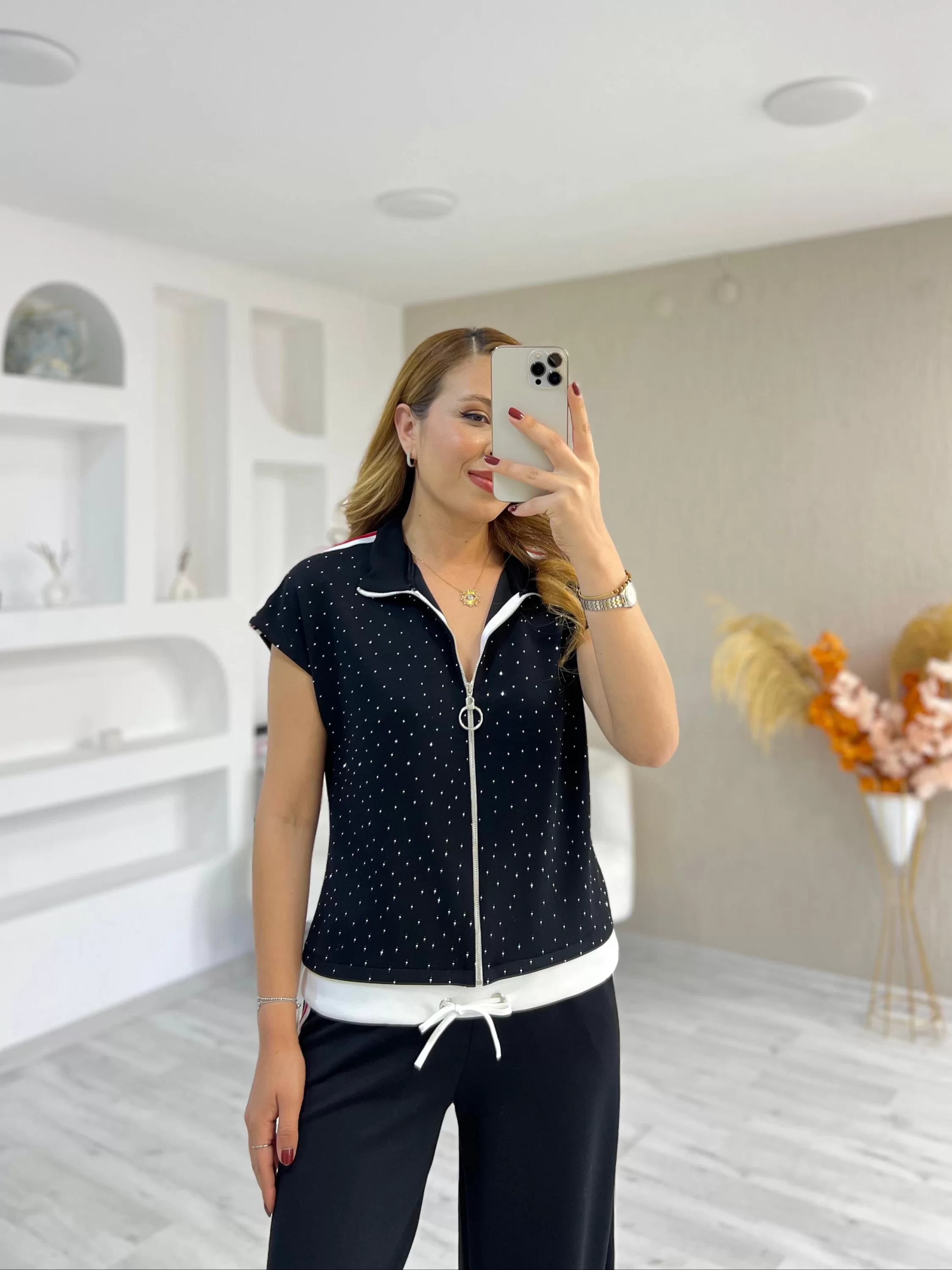 Fermuar Detay Taşlı Şeritli Takım Siyah