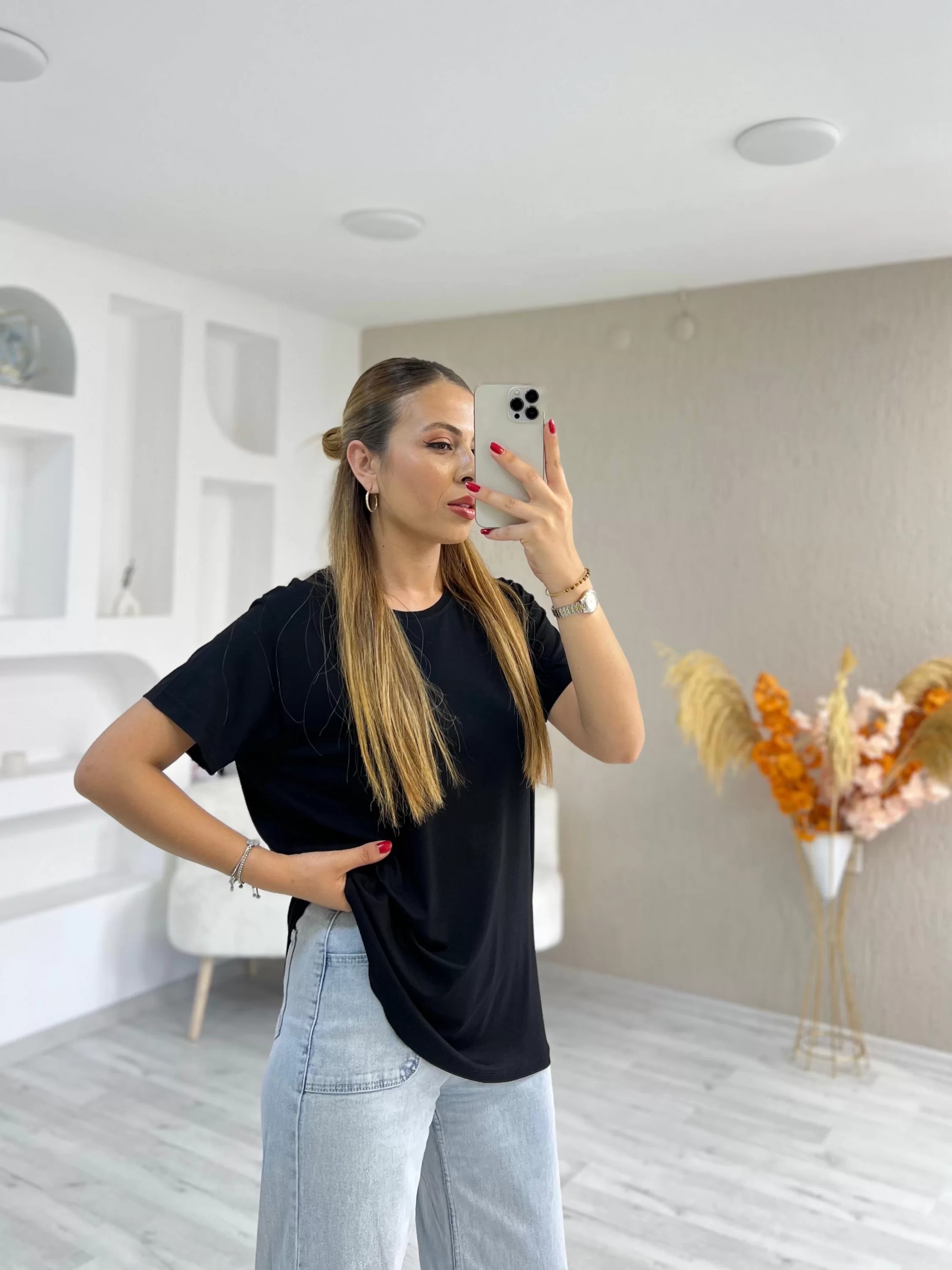 Bisiklet Yaka Viskon Kumaş Basic Tshirt Siyah
