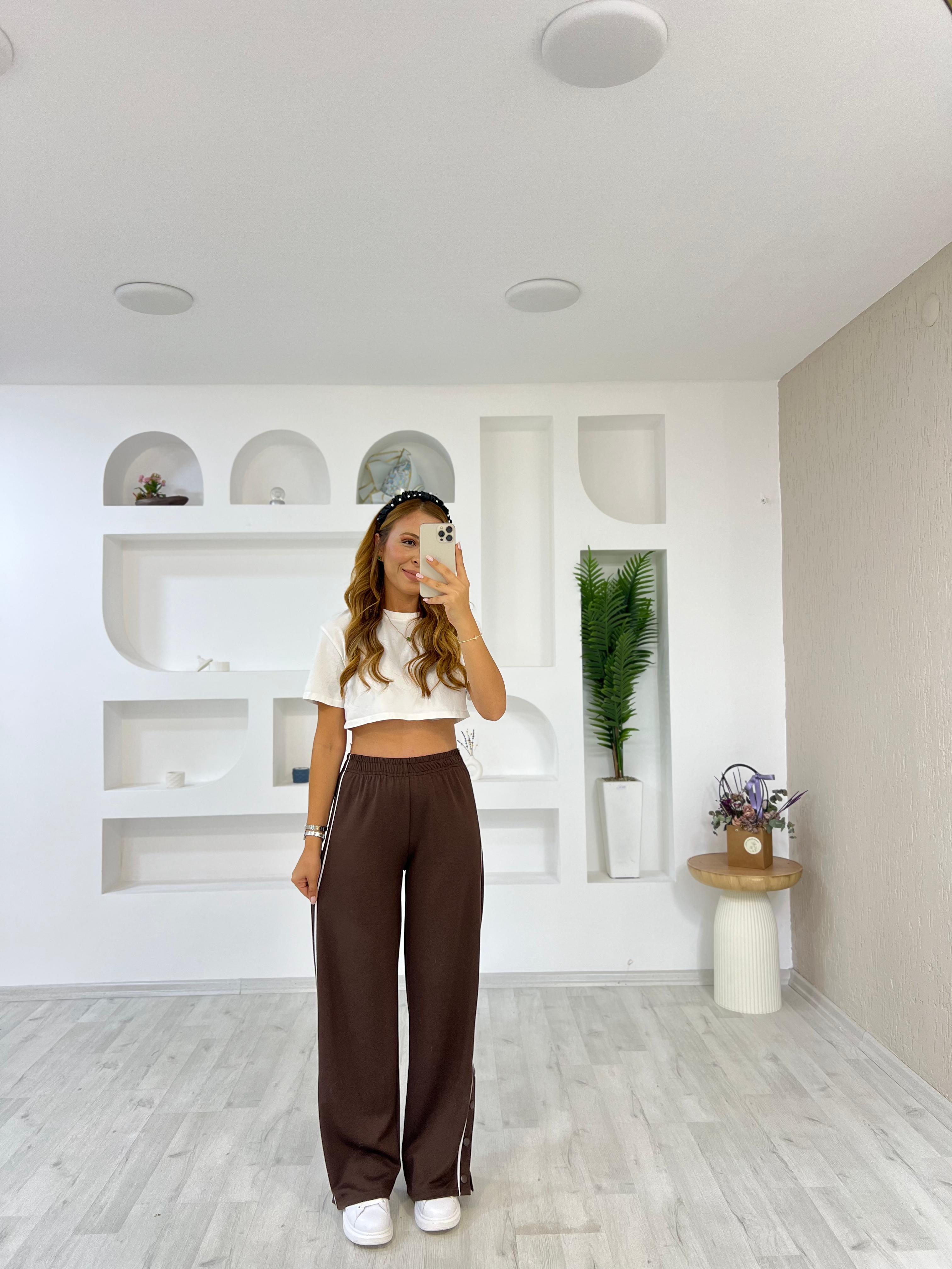 Paça Çıtçıtlı Pantolon - Kahverengi