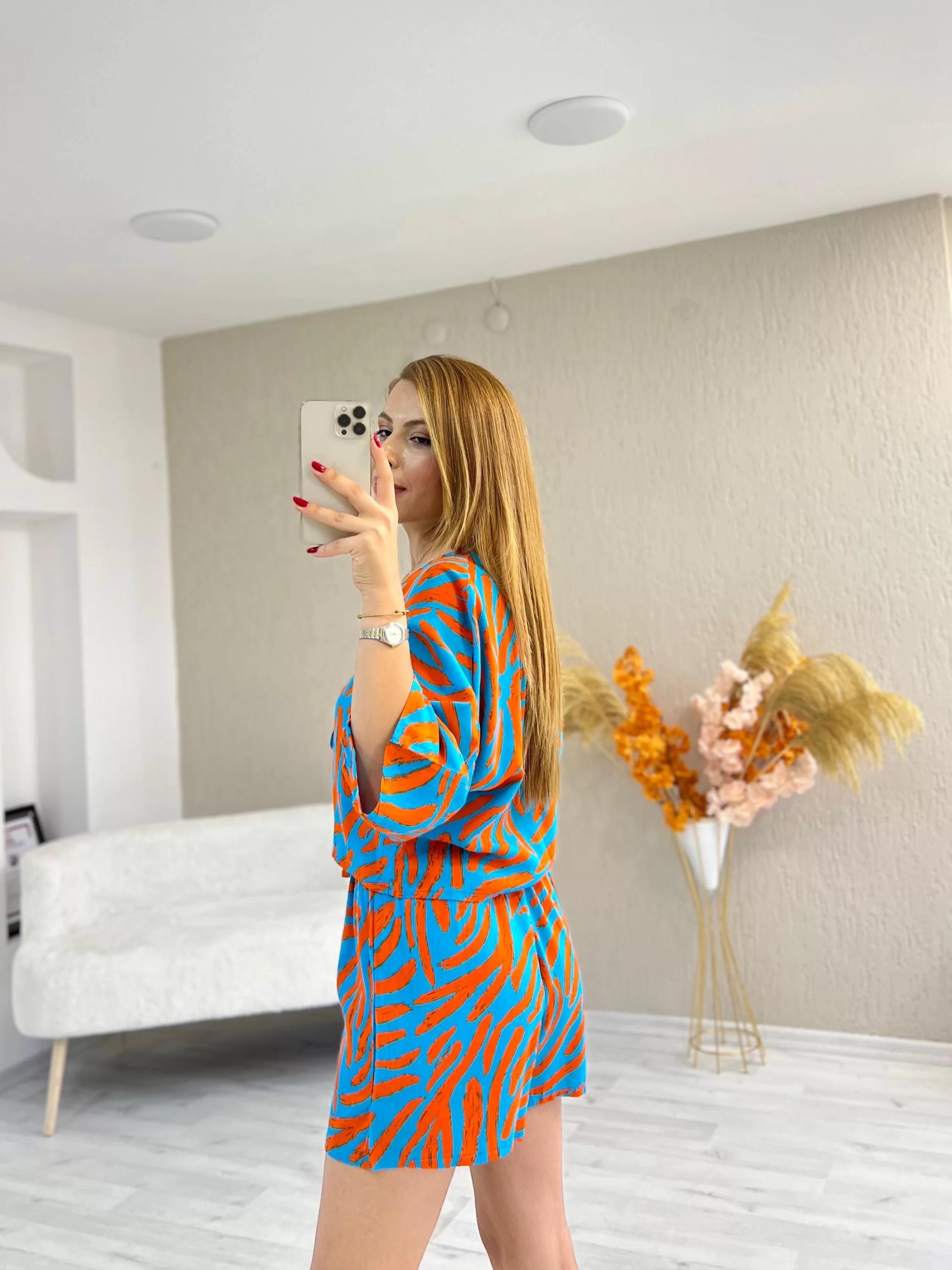 Desenli Kimono Şortlu Takım Turuncu