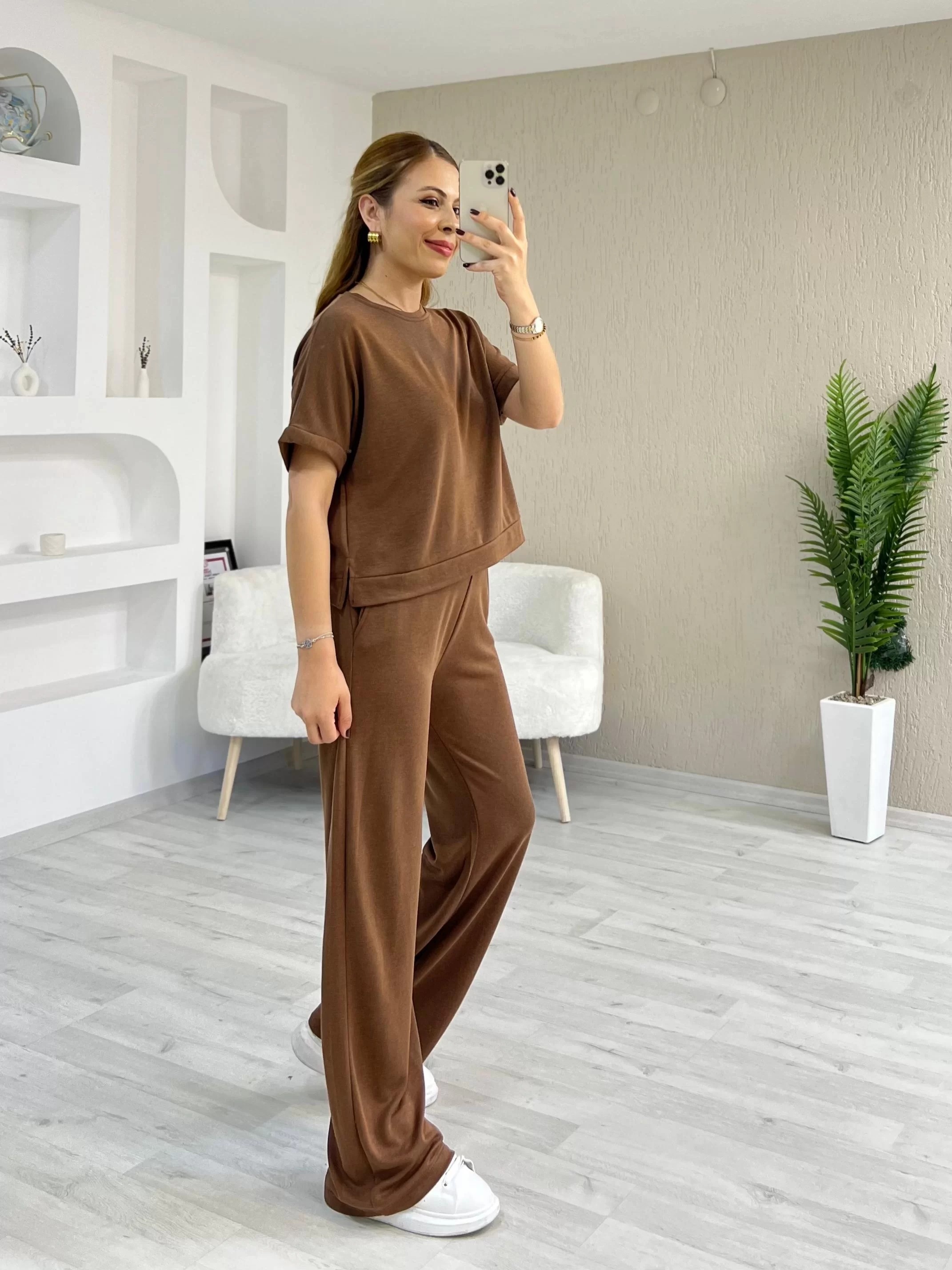 Bisiklet Yaka Pike Oysho Kumaş Takım Kahverengi