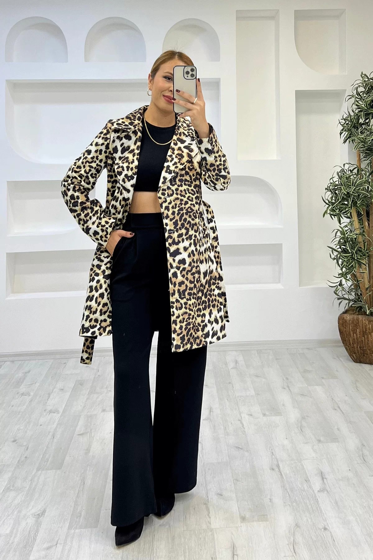 Leopar Desen Trenç Ceket
