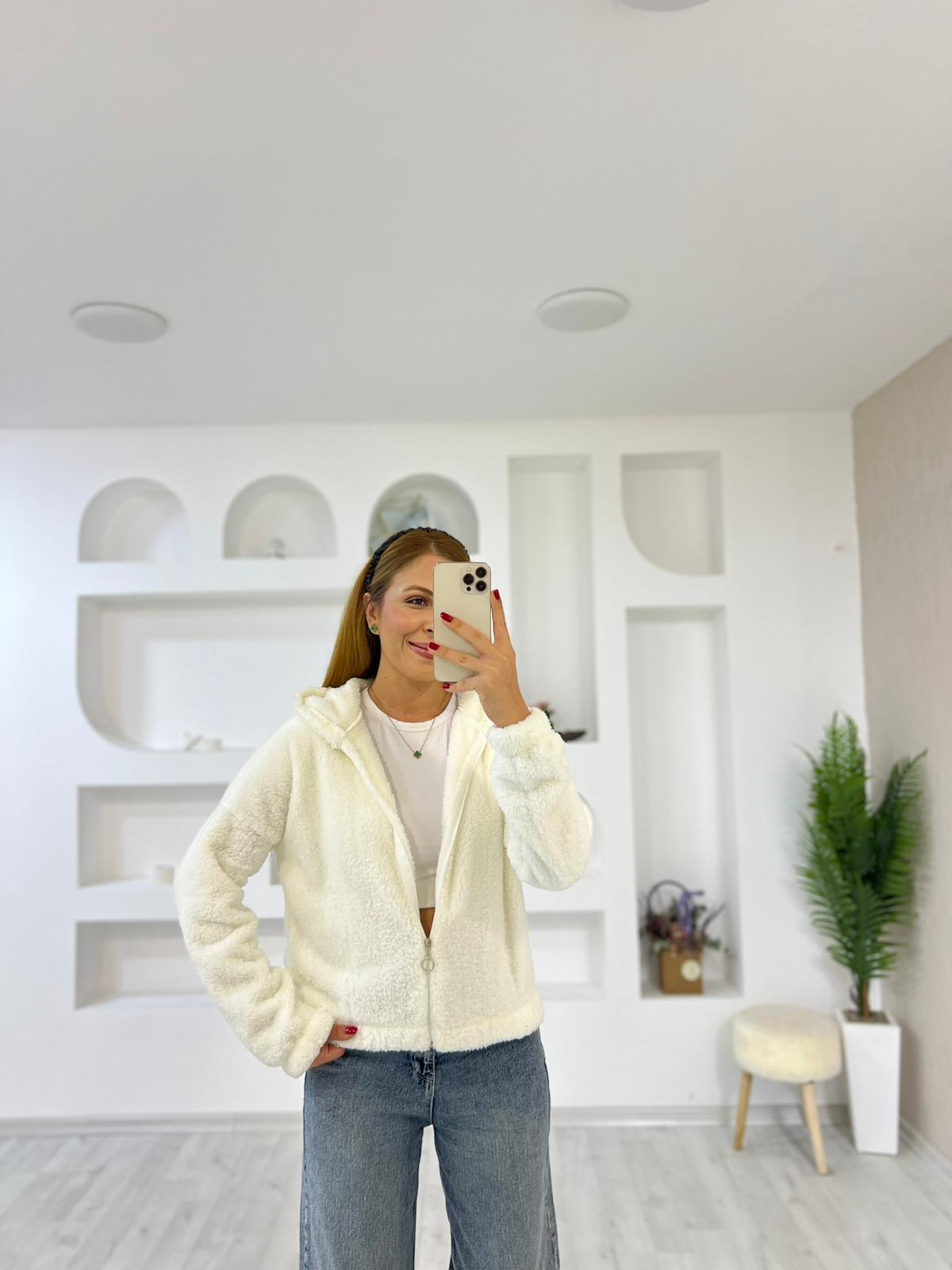 Kapşonlu Teddy Peluş Ceket - Beyaz