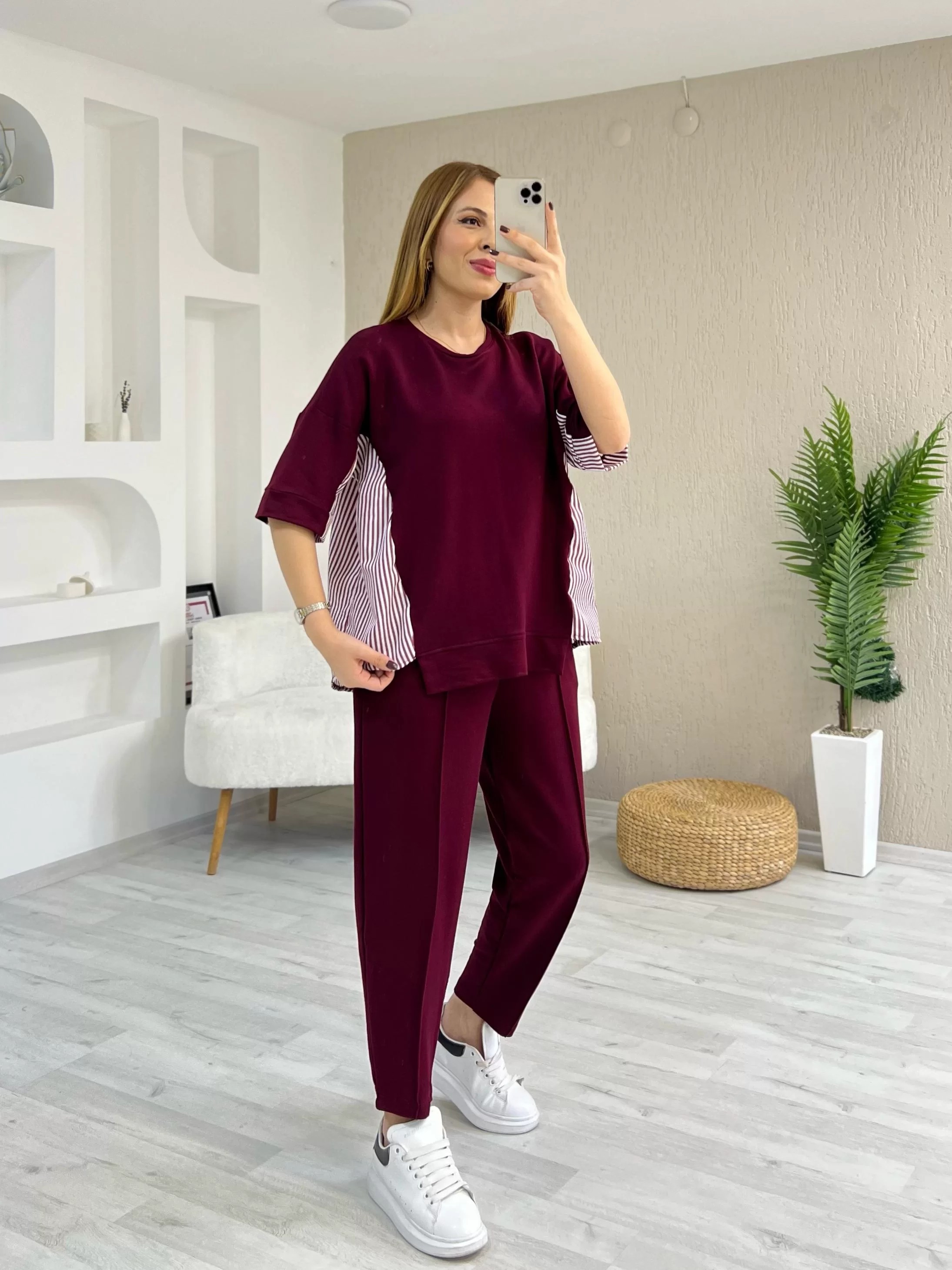 Arkası Çizgili Bordo Takım