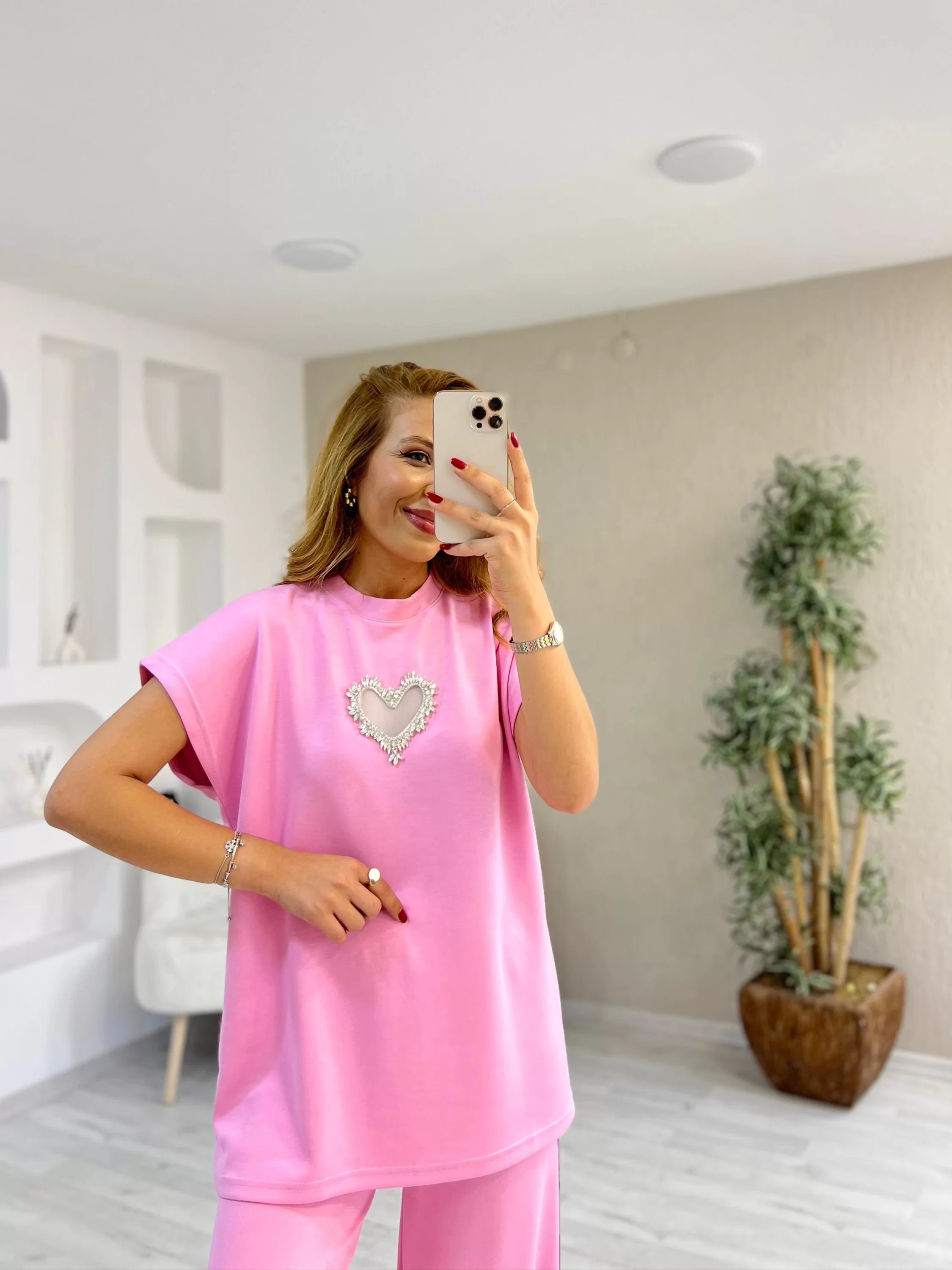 Modal Kumaş Aksesuar Detay Şeritli Takım Pembe