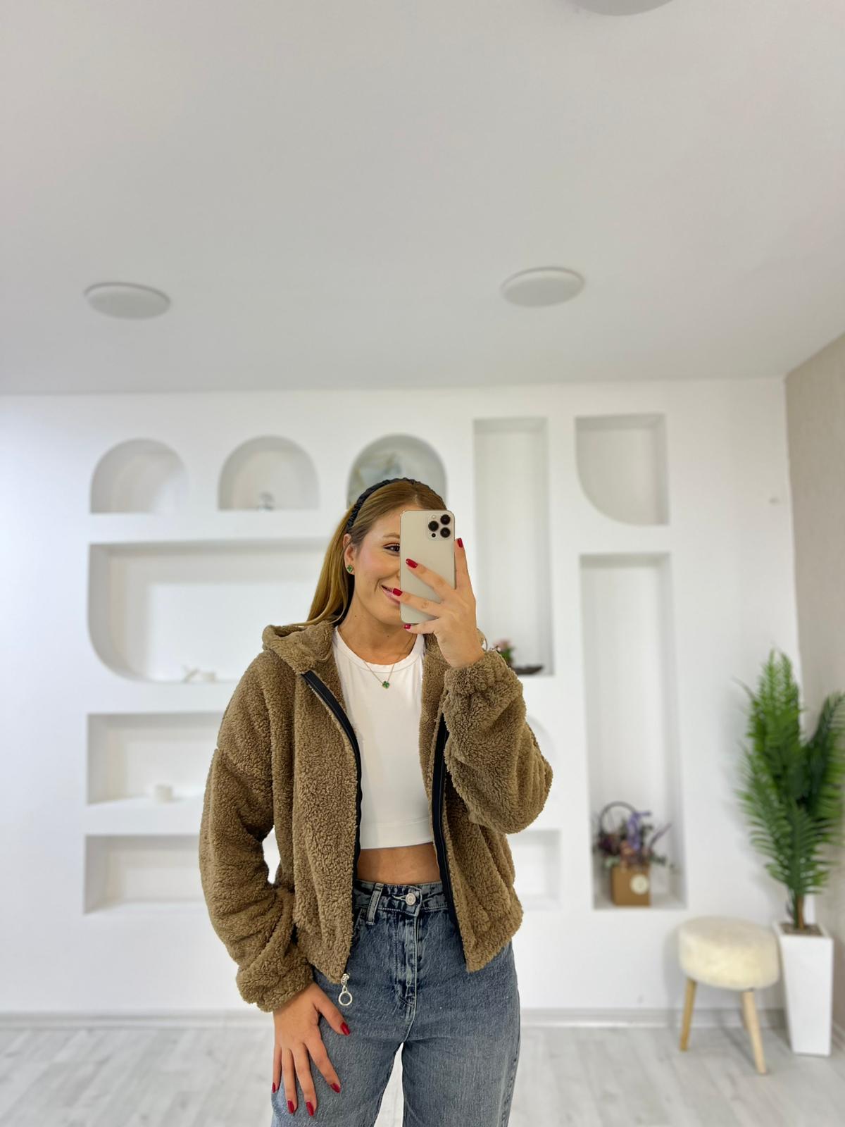 Kapşonlu Teddy Peluş Ceket - Kahverengi