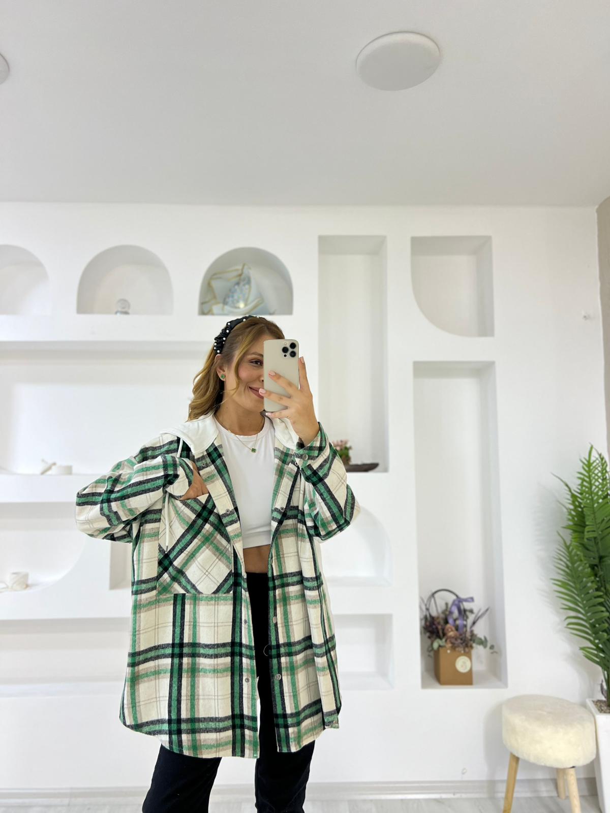 Ekose Oduncu Kapşonlu Gömlek - Yeşil