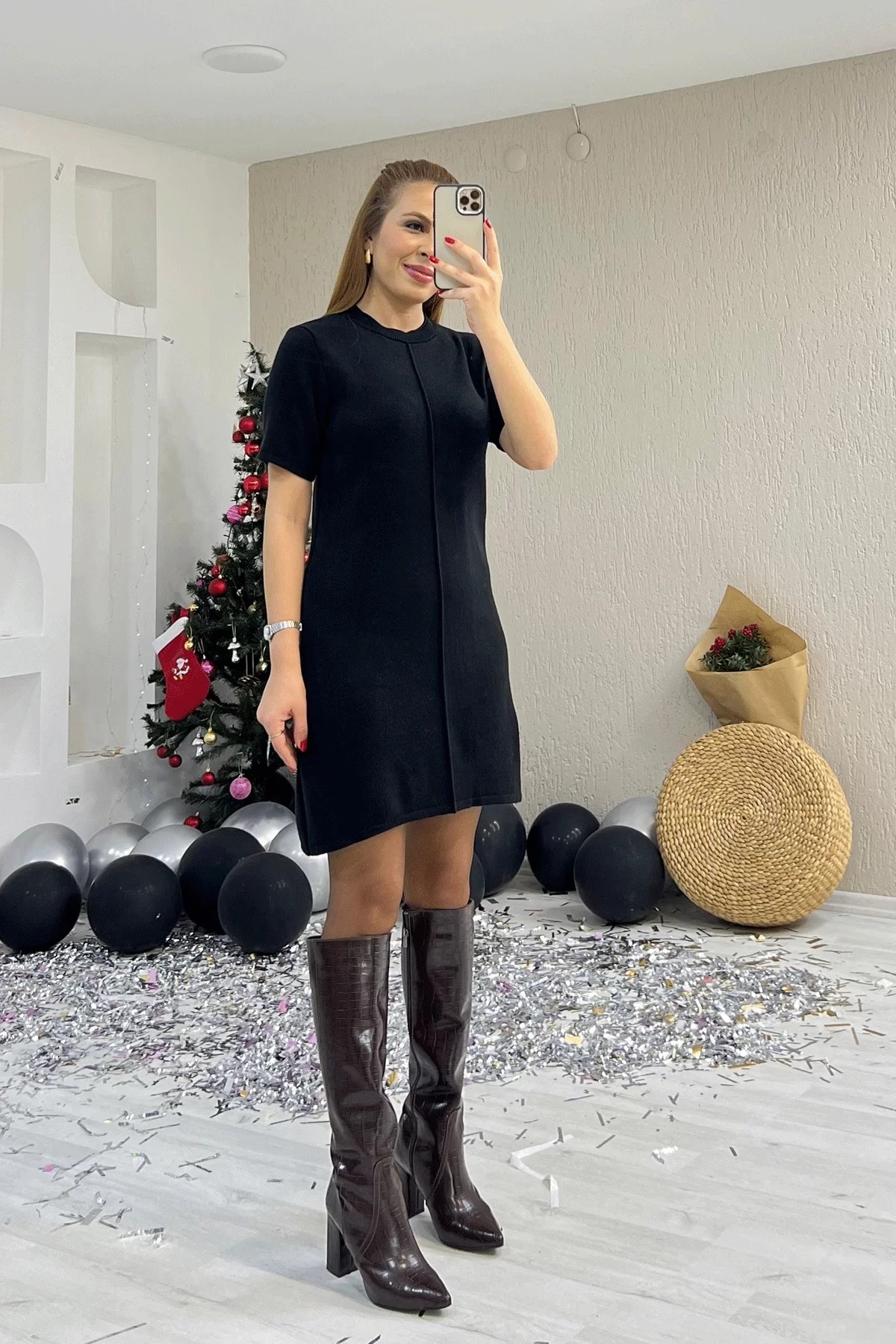 Dikiş Detaylı Triko Siyah Elbise